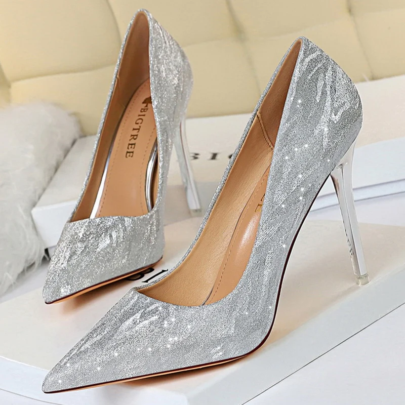 Damen Elegante Silberne Glitzernde 7,5cm 10,5cm Hohe Stiletto-Pumps Stilvolle Cinderella-Schuhe Damen Elegante Funkelnde Spitze Schuhe