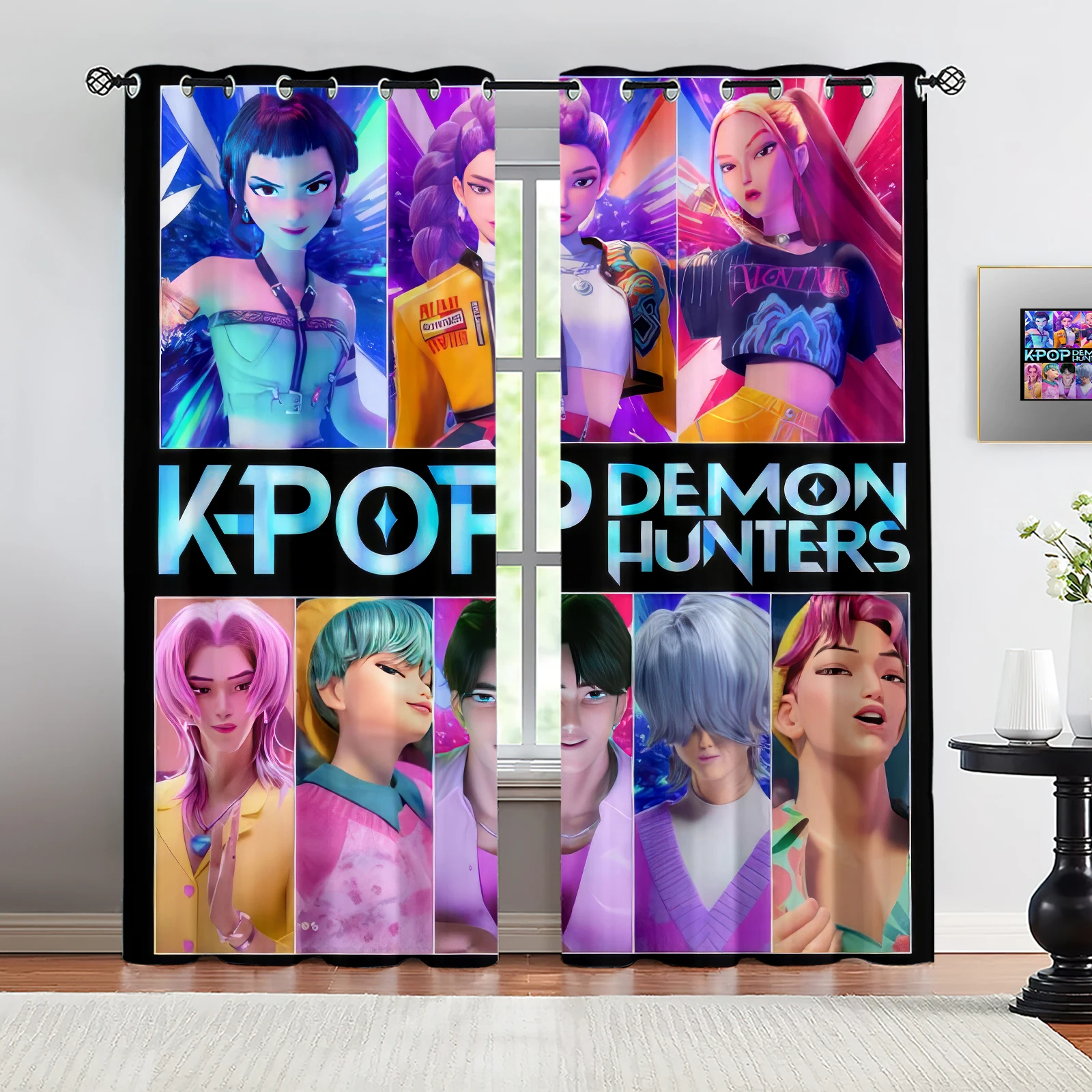 Heiße 2-teilige K-Pop Demon Hunters Verdunkelungsvorhänge, geeignet für Schlafzimmer, Wohnzimmer, Arbeitszimmer, Büro, Badezimmer, Dekoration, maschinenwaschbar Image
