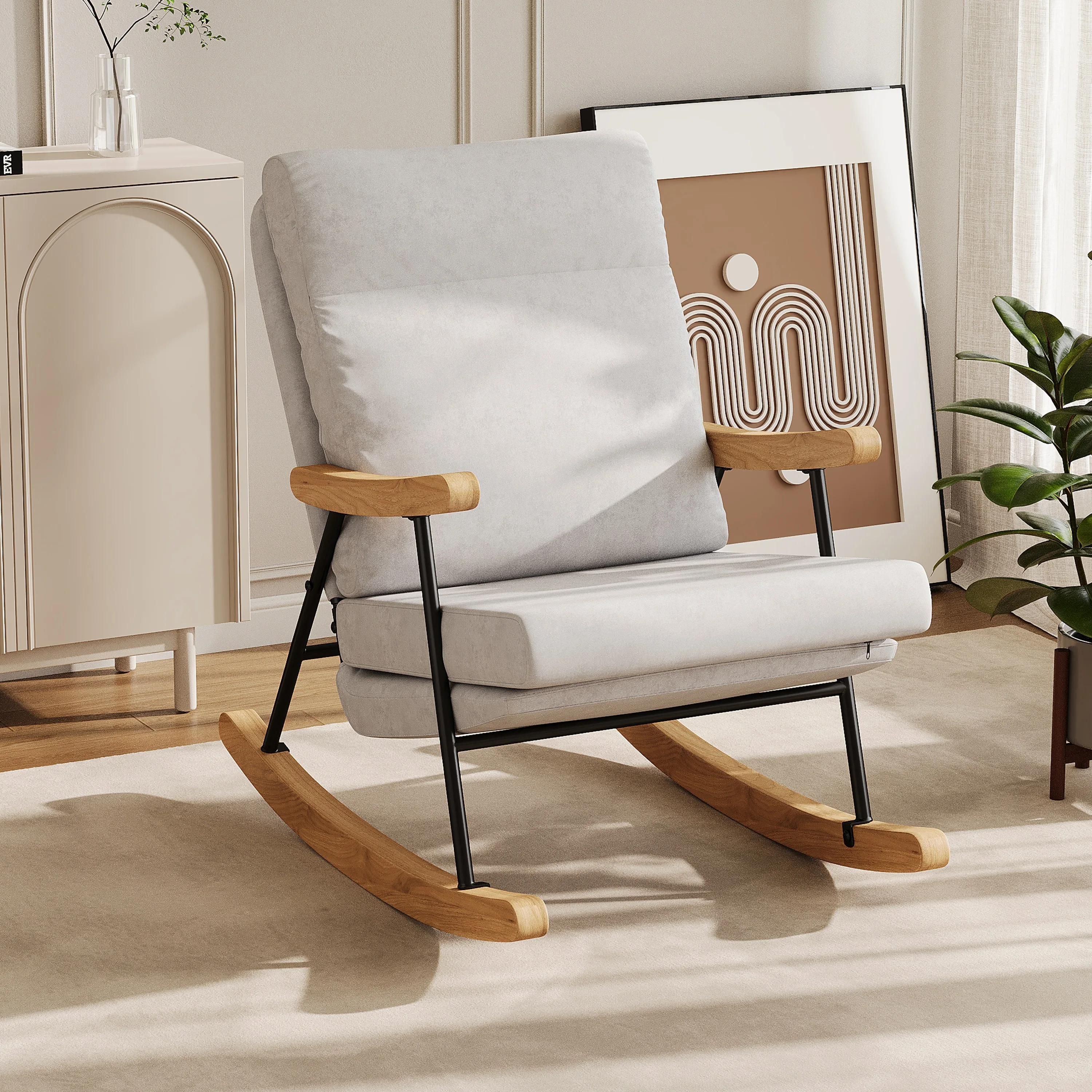 Schaukelstuhl, Stillstuhl, Stillsessel, Schaukelsessel, Lesesessel mit Rückenlehne und Armlehne, Relaxsessel für Wohn, Schlaf, Baumwolle und Leinen, Grau Image