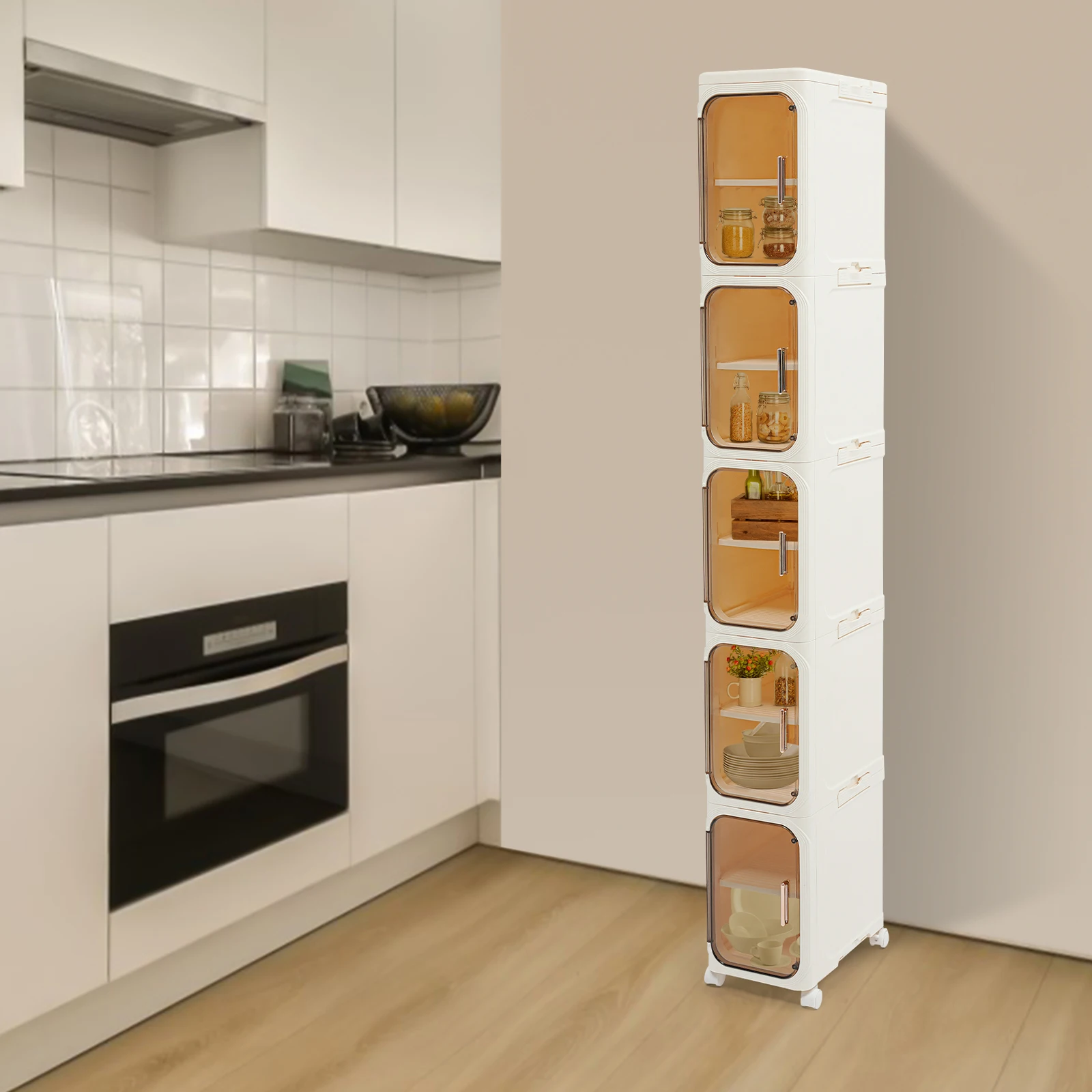 Schmaler Badezimmer-Organizer, schlanker hoher Badezimmerschrank, Badezimmer-Aufbewahrungsschrank mit mehreren Ebenen und 4 Rollen