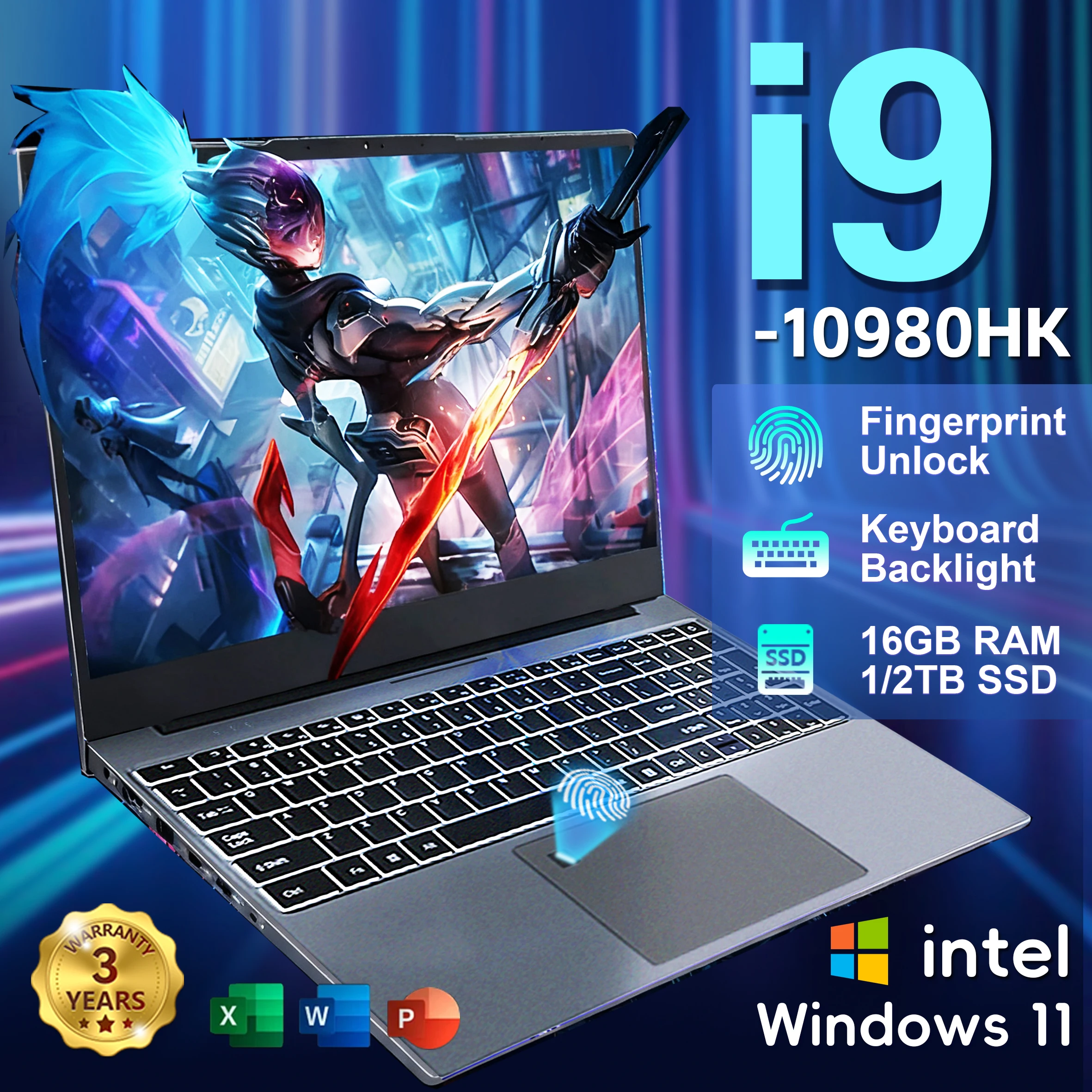 Neuer Windows 11 15,6-Zoll-Ultra-Slim-Laptop, tragbar, Intel Core i9 10980HK, 16 GB RAM, 1 TB/2 TB SSD, Fingerabdrucksensor, Office, Gaming-Laptop-PC Image