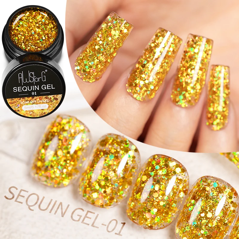 AWStorG 5 ml glänzender goldener Pailletten-Gel-Nagellack, kristallglitzerndes Nagelgel, semi-permanenter Nagelkunst-Malerei-Gel-Lack Image