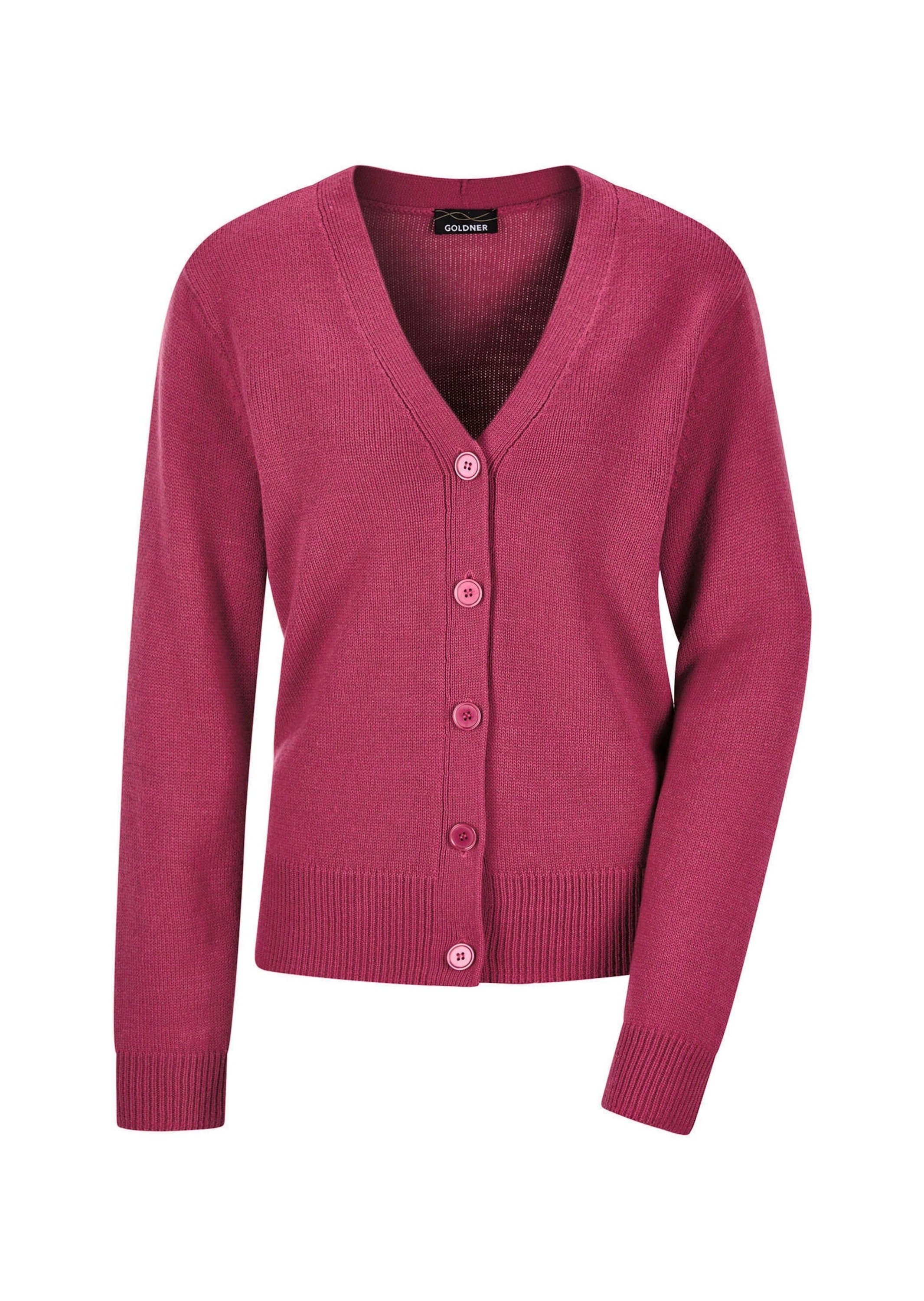 Strickjacke GOLDNER "Eleganter Cardigan mit V-Ausschnitt", Damen, Gr. 46, pink, Obermaterial: 70% Polyacryl PAN. 30% Schurwolle WV., Modisch, gerade, Strickjacken Strickjacke, mit großen Knöpfen