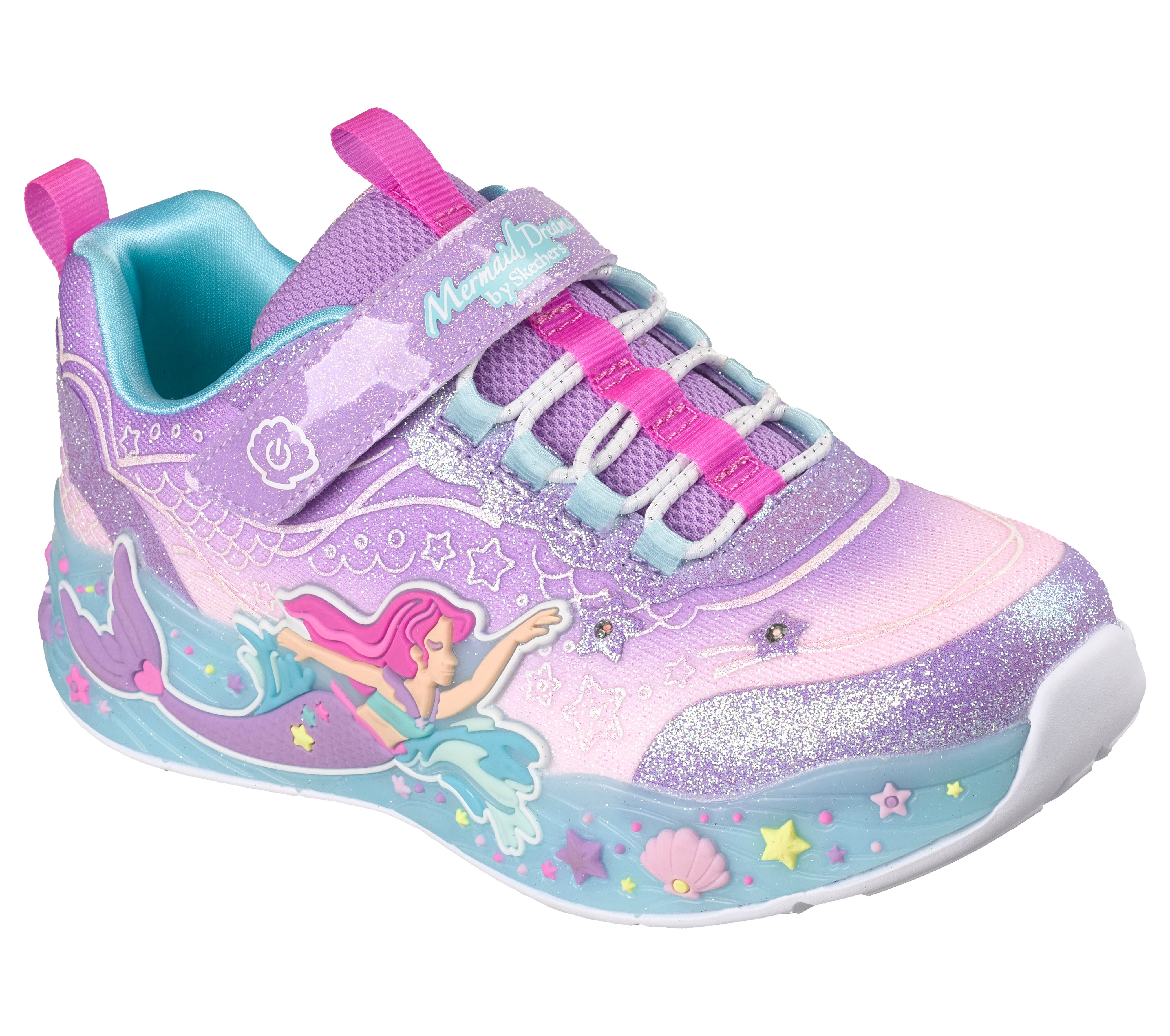 Sneaker SKECHERS "MERMAID DREAMS LIGHTS", Damen, Gr. 31, lavendel, Synthetik, Textil, Glitzer, kontrastfarbene Details, Schuhe Sneaker, Blink,-Klettschuh mit Applikation, Größenschablone zum Download
