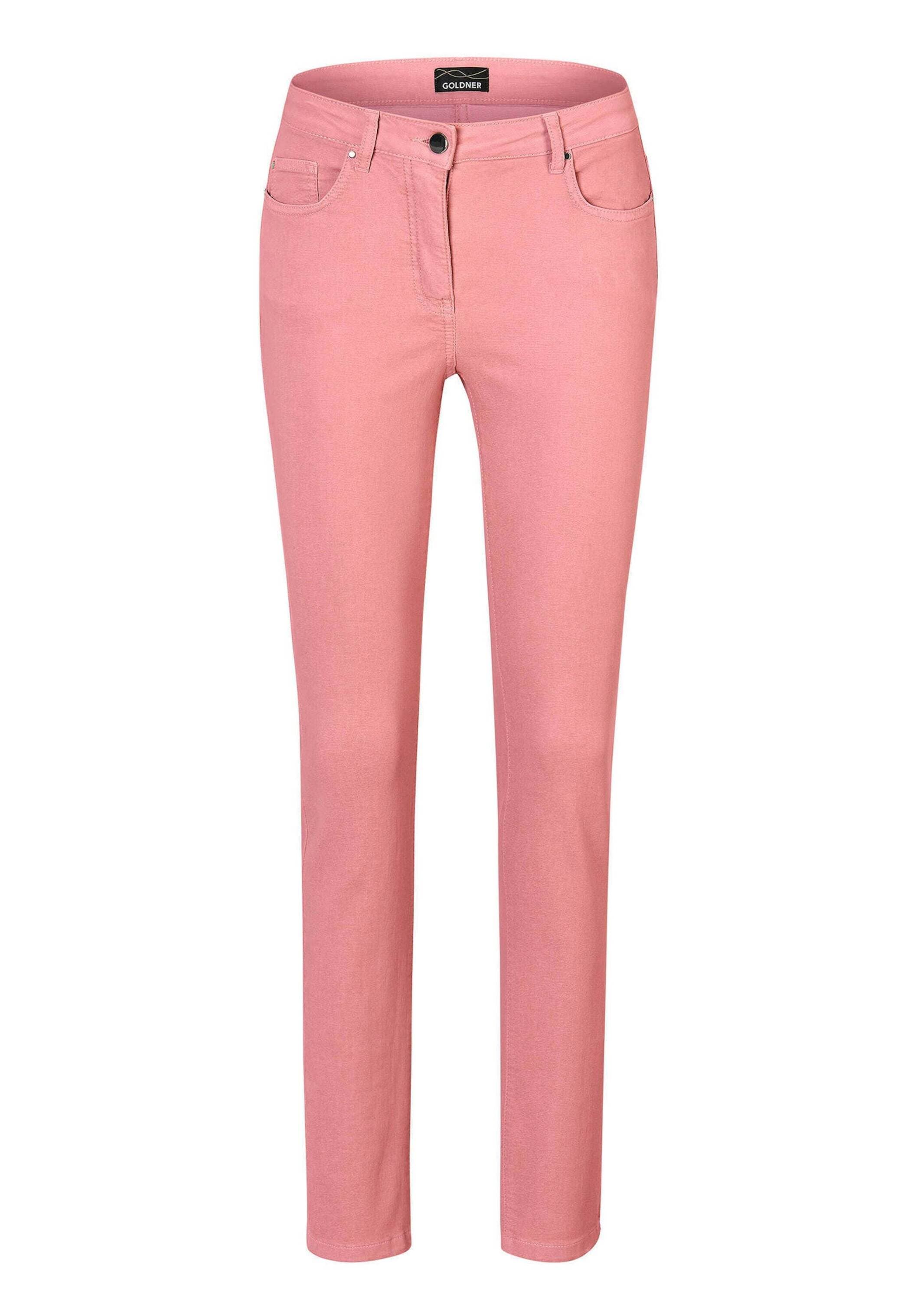 Regular-fit-Jeans GOLDNER "Kurzgröße Lange Freizeithose BELLA mit Formbund", Damen, Gr. 27, K-Gr, rosa (lachsrosa), Obermaterial: 65% Baumwolle CO. 31% Polyester PES. 4% Elasthan EL., Jeans