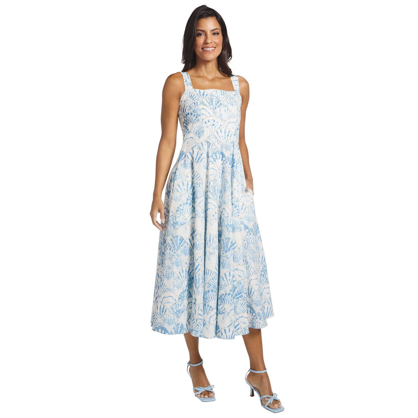 Masseys Daydream Tank Dress (Size L) Blue/White Shell, Cotton,Linen,Rayon