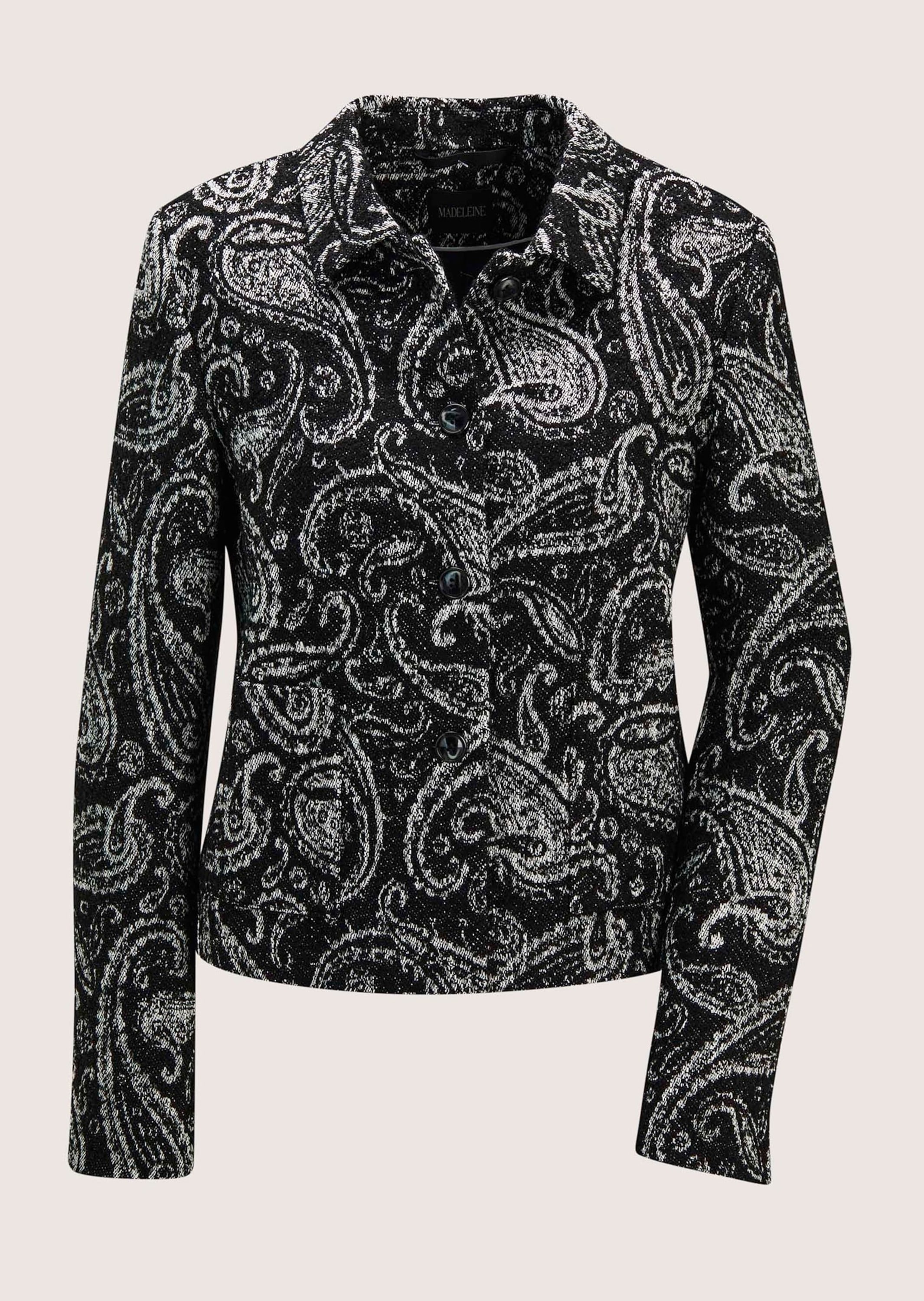 Jackenblazer MADELEINE "Kurzblazer Moderner Businessblazer mit Paisley-Muster", Damen, Gr. 38, schwarz (schwarz, wollweiß), Obermaterial: 53% Baumwolle CO. 25% Polyacryl PAN. 19% Polyester PES. 3% sonstige Fasern AF., Modern, Blazer, Paisley Design,... Image