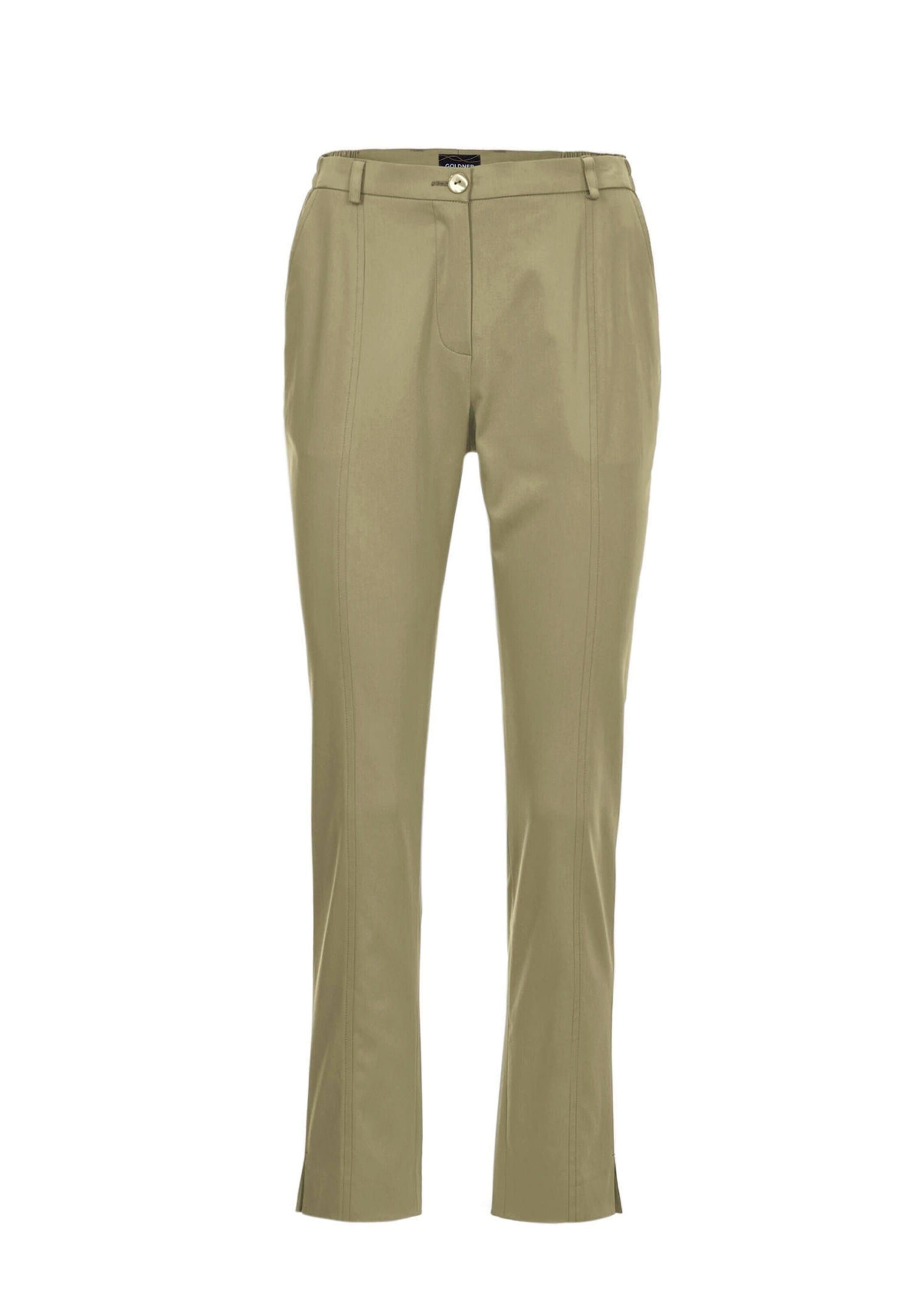 Stoffhose GOLDNER "Sportive Hose Anna aus trageangenehmen Satin", Damen, Gr. 42, N-Gr, grün (schilf), Obermaterial: 64% Baumwolle CO. 33% Polyester PES. 3% Elasthan EL., Hosen Stoffhose