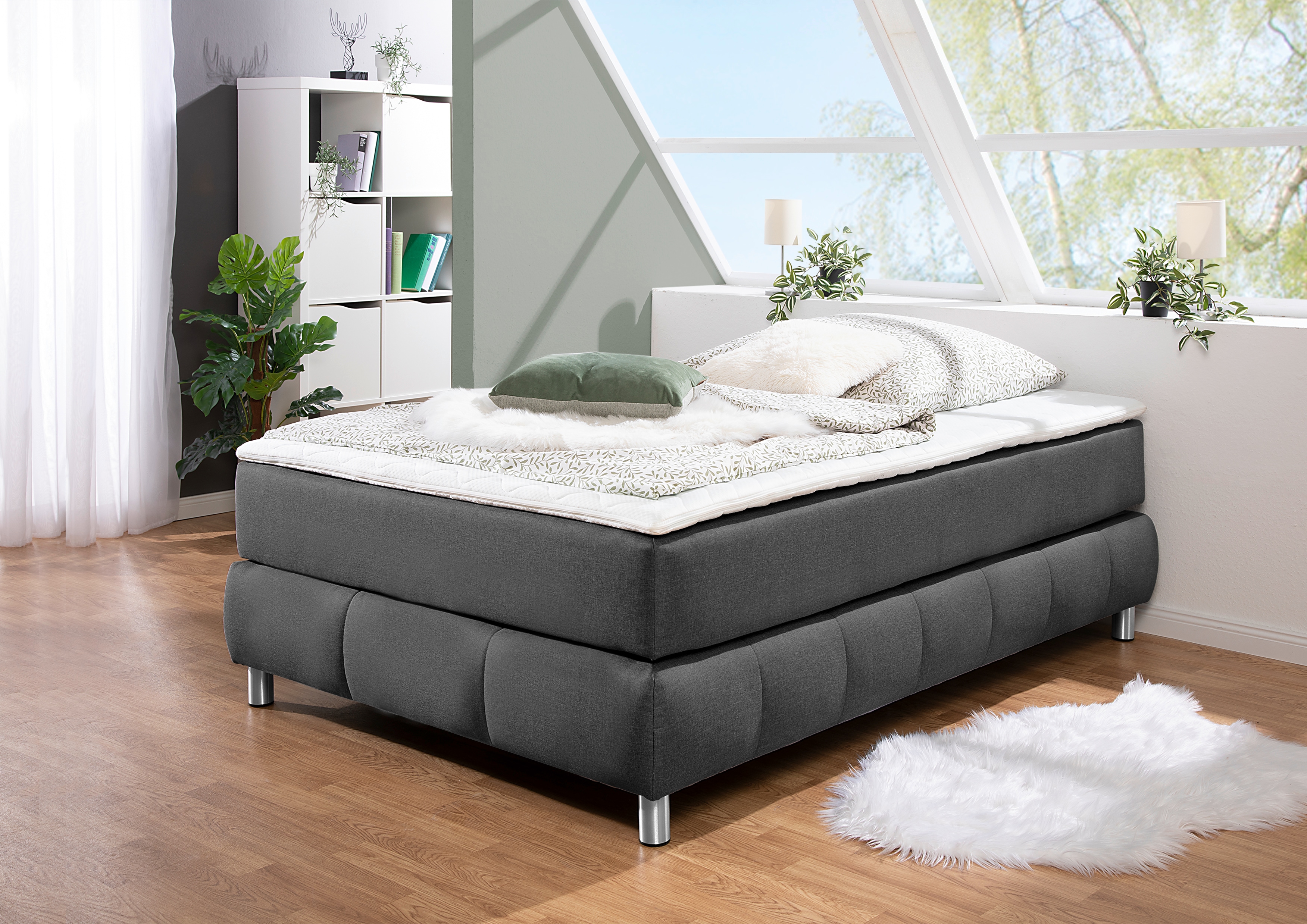 Boxspringbett HOME AFFAIRE "Salo", grau (anthrazit), B:96cm L:206cm, Komplettbetten, Boxspringbett, Ohne Kopfteil, inkl. Topper, auch in Überlänge 220 cm Image