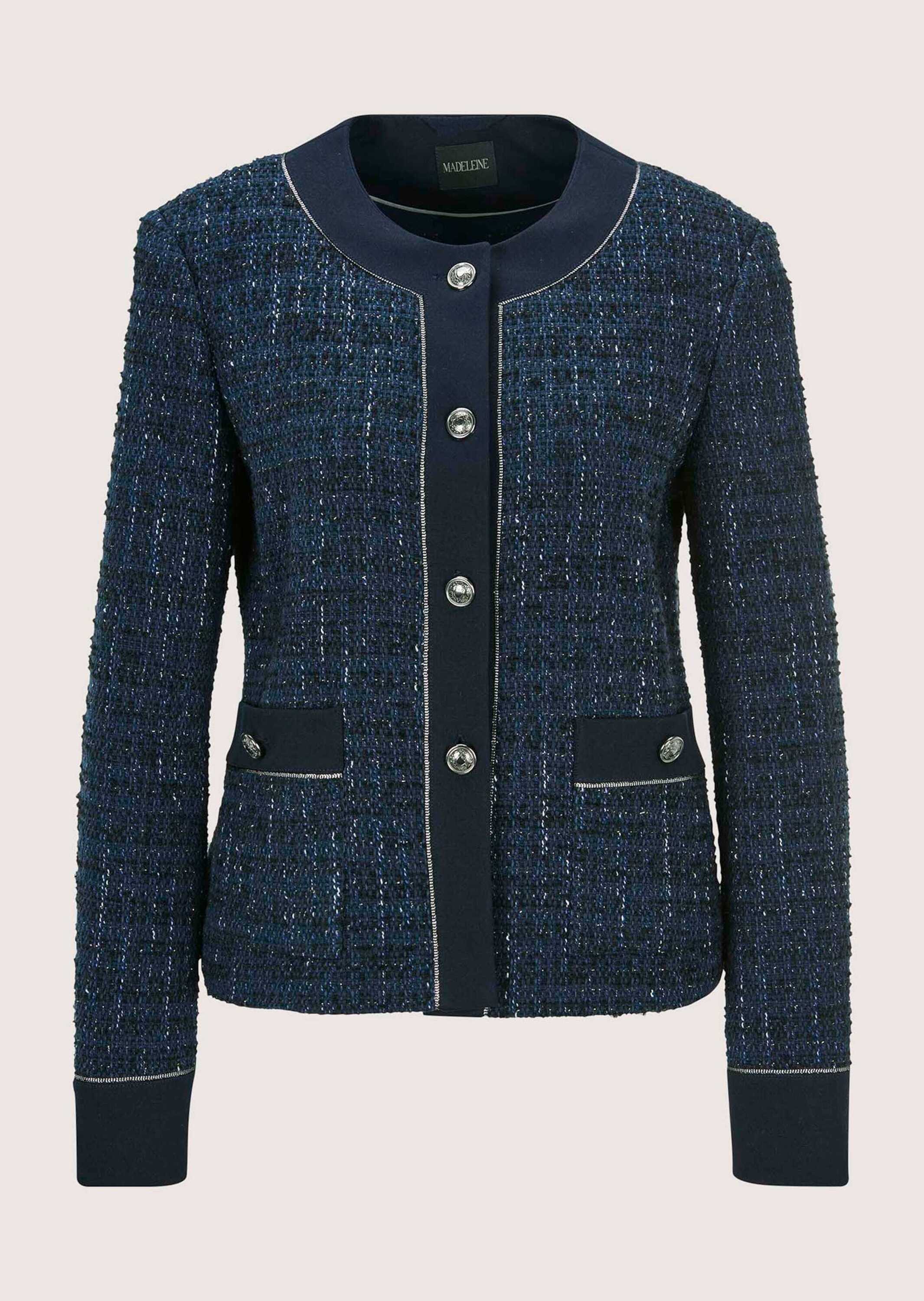 Jackenblazer MADELEINE "Tweed-Blazer Eleganter Damenblazer mit kurzem Schnitt", Damen, Gr. 46, blau (marine, wollweiß, melange), Obermaterial: 55% Baumwolle CO. 21% Polyester PES. 18% Polyacryl PAN. 4% sonstige Fasern AF. 1% Polyamid PA., Blazer