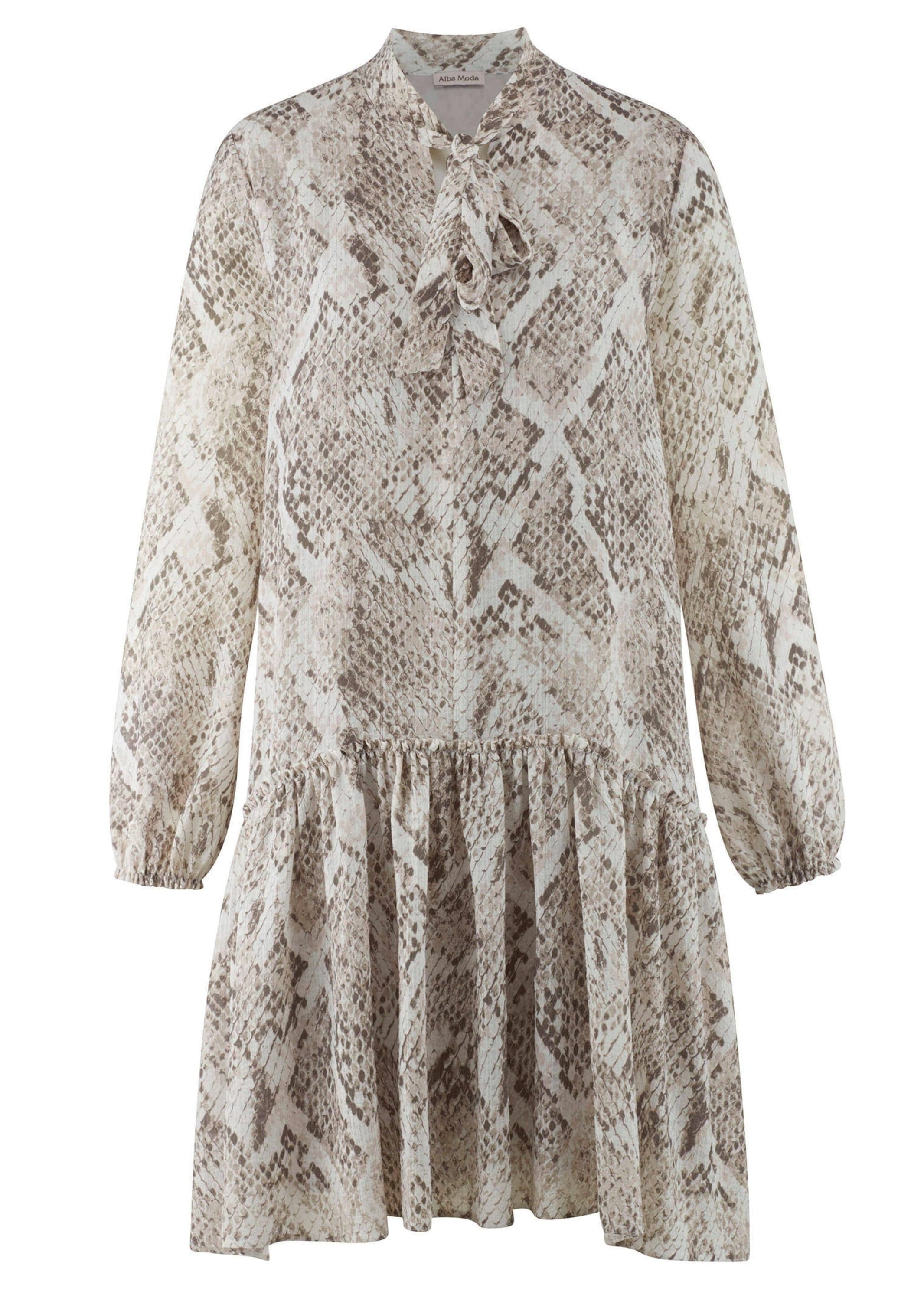 Druckkleid ALBA MODA "Druckkleid Druckkleid mit V-Ausschnitt und Schluppe", Damen, Gr. 42, N + K Gr, weiß (sanftes weiß), Obermaterial: 99% Polyester PES. 1% Elasthan EL., Kleider Druckkleid