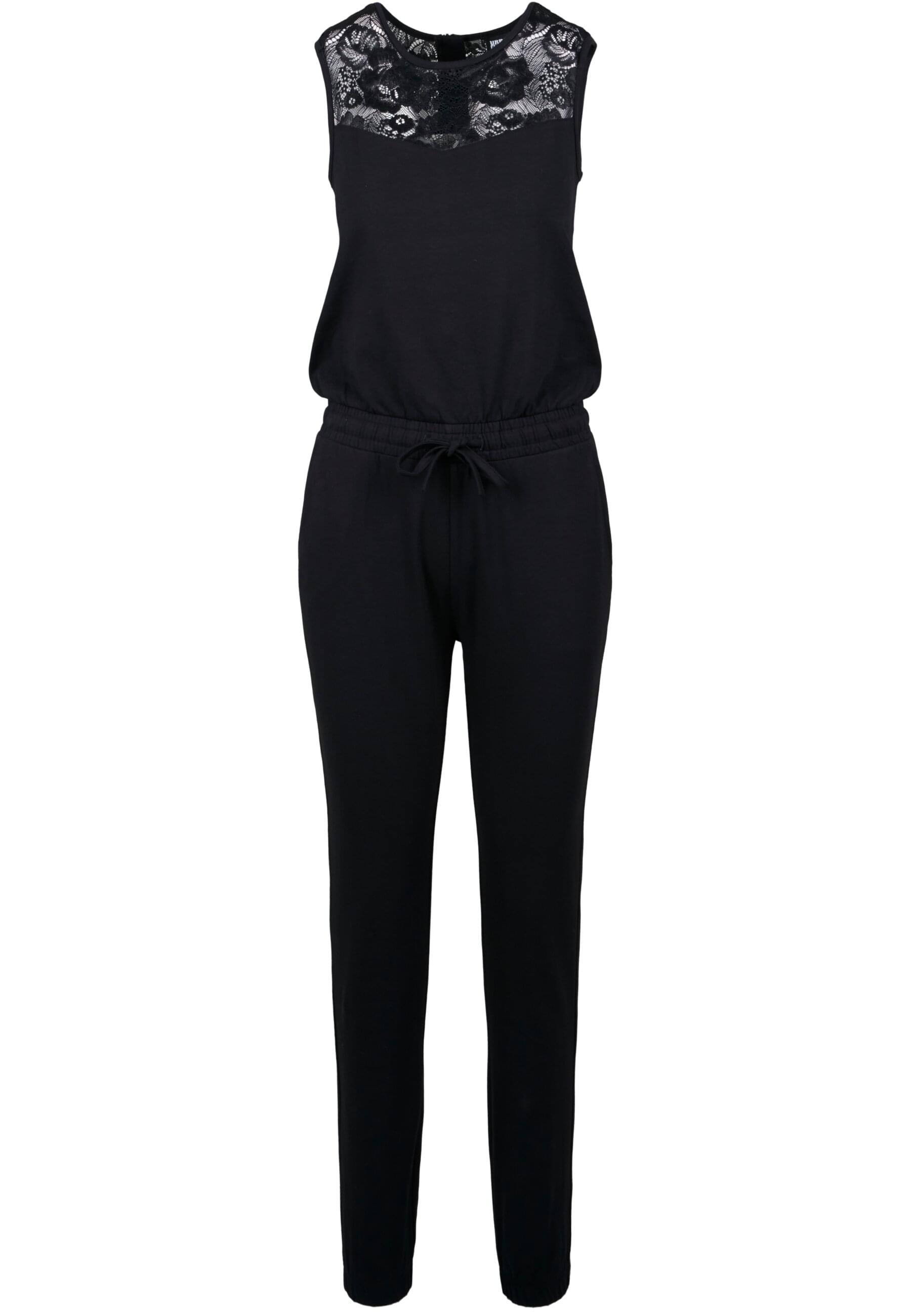 Jumpsuit URBAN CLASSICS "Urban Classics Damen Ladies Lace Block Jumpsuit", Damen, Gr. M, US-Größen, schwarz, 95% Baumwolle, 5% Elasthan, unifarben, normal, Rundhals, Overalls Jumpsuit