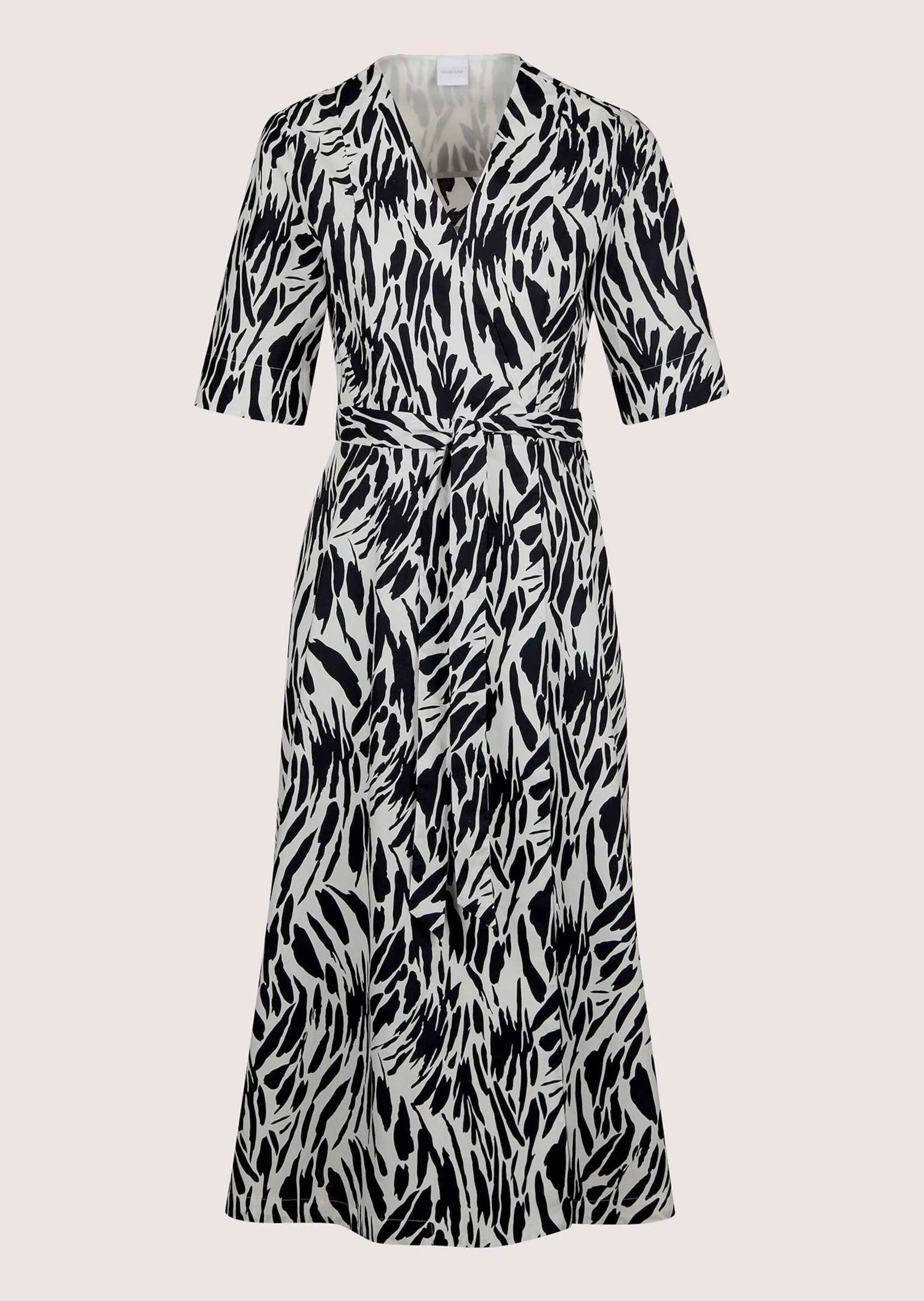 Midikleid MADELEINE "Kleid Wickelkleid mit Bindegürtel", Damen, Gr. 34, N + K Gr, schwarz (schwarz, weiß), Obermaterial: 100% Baumwolle CO., Modern, normal, Kleider Midikleid