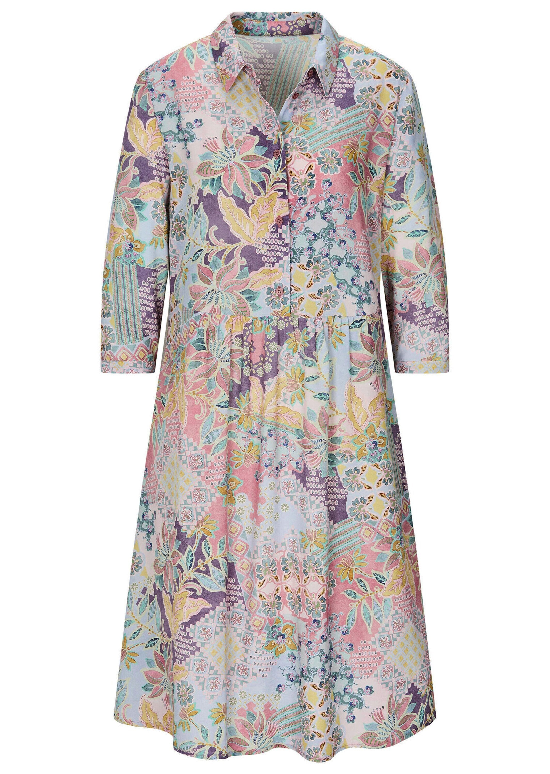 Sommerkleid GOLDNER "Kurzgröße Elegantes Viskosekleid mit Patch-Muster", Damen, Gr. 20, K-Gr, rosa (salbei, rosé, gemustert), Obermaterial: 100% Viskose CV., figurumspielend, Kleider Sommerkleid, Eingriffstaschen an der Seitennaht