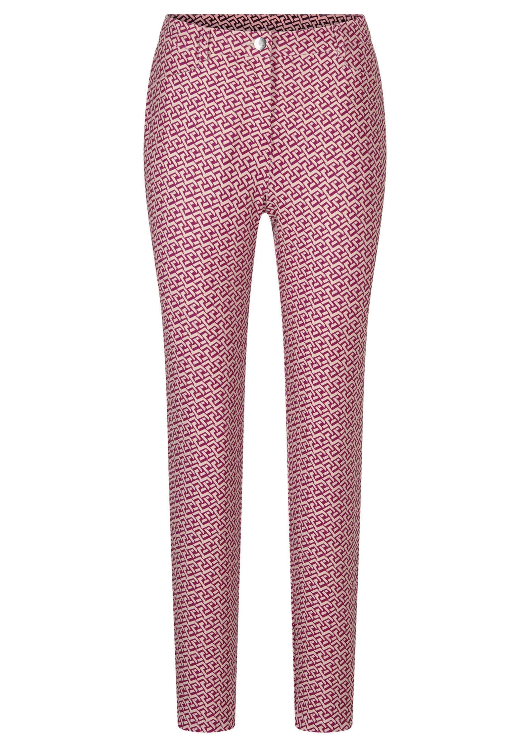Stoffhose GOLDNER "Kurzgröße Slim Fit Printhose mit hohem Bund", Damen, Gr. 19, K-Gr, beige (beige, beere, gemustert), Obermaterial: 89% Polyester PES. 11% Elasthan EL., Hosen Stoffhose, angenehme Jerseyqualiät mit Elasthan