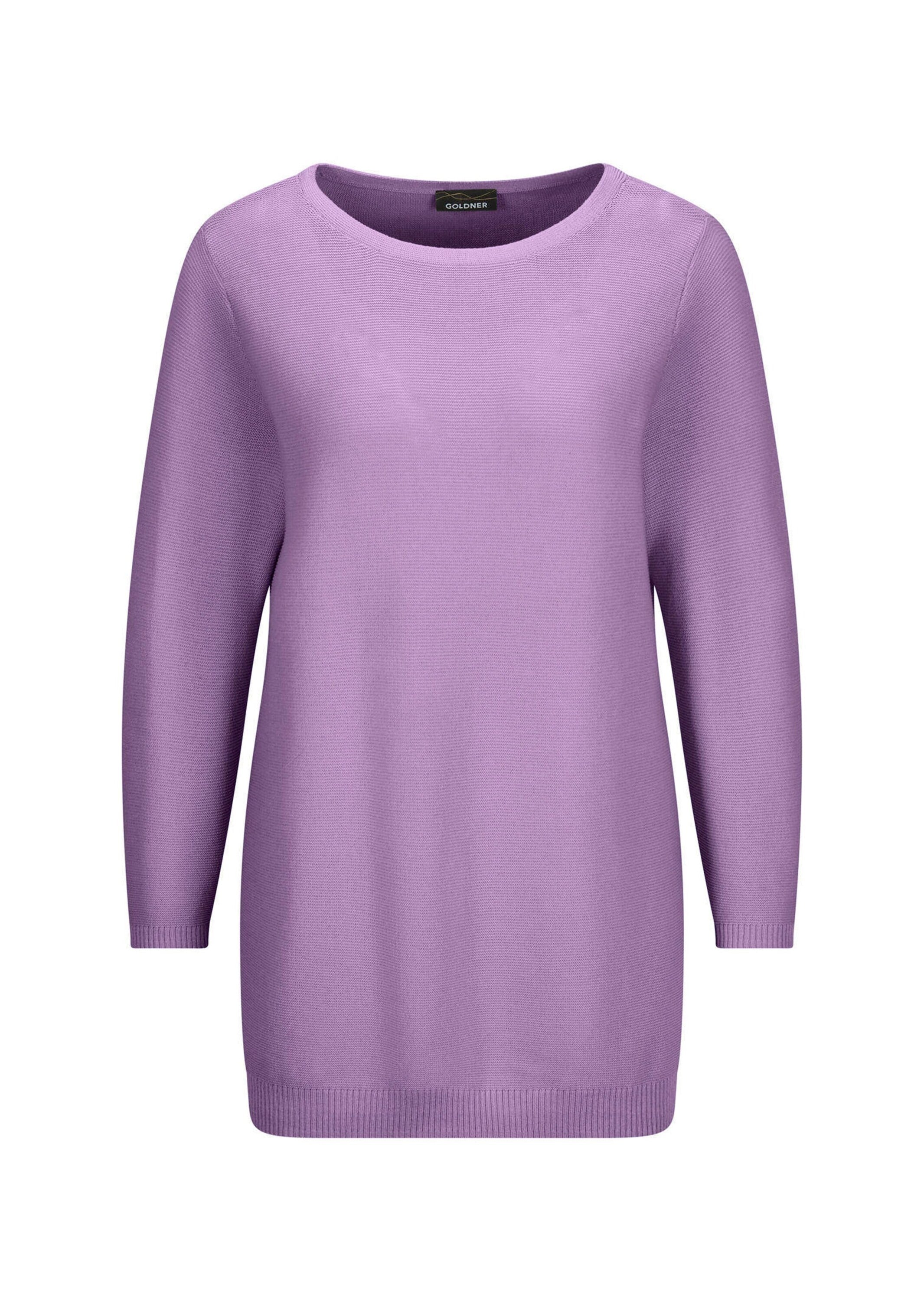 Rundhalspullover GOLDNER "Kurzgröße Eleganter Baumwollpullover, Halbarm", Damen, Gr. 21, lila (flieder), Obermaterial: 100% Baumwolle CO., Pullover Rundhalspullover