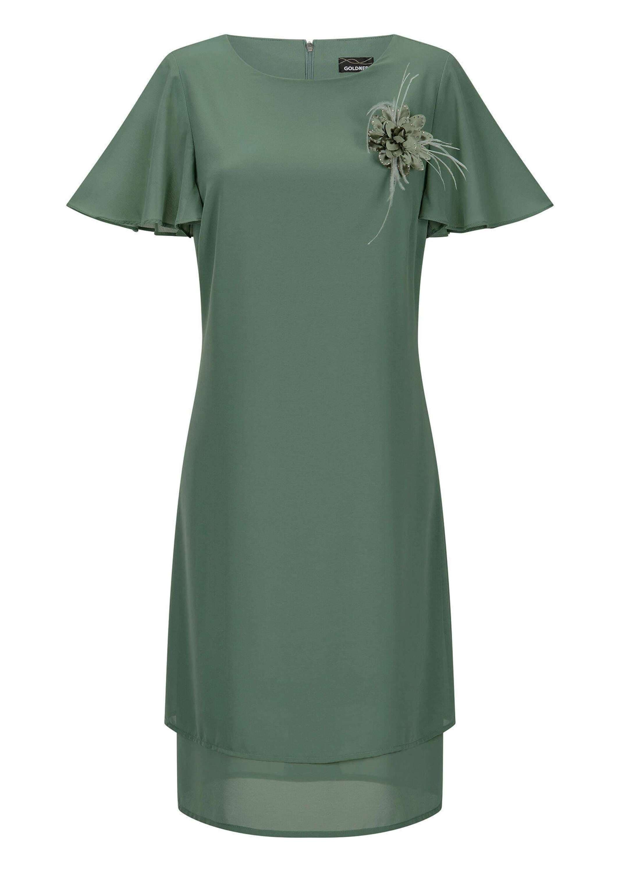 Sommerkleid GOLDNER "Kurzgröße Elegantes Chiffon-Kleid mit Brosche", Damen, Gr. 23, K-Gr, grün (salbei), Obermaterial: 100% Polyester PES., Kleider Sommerkleid