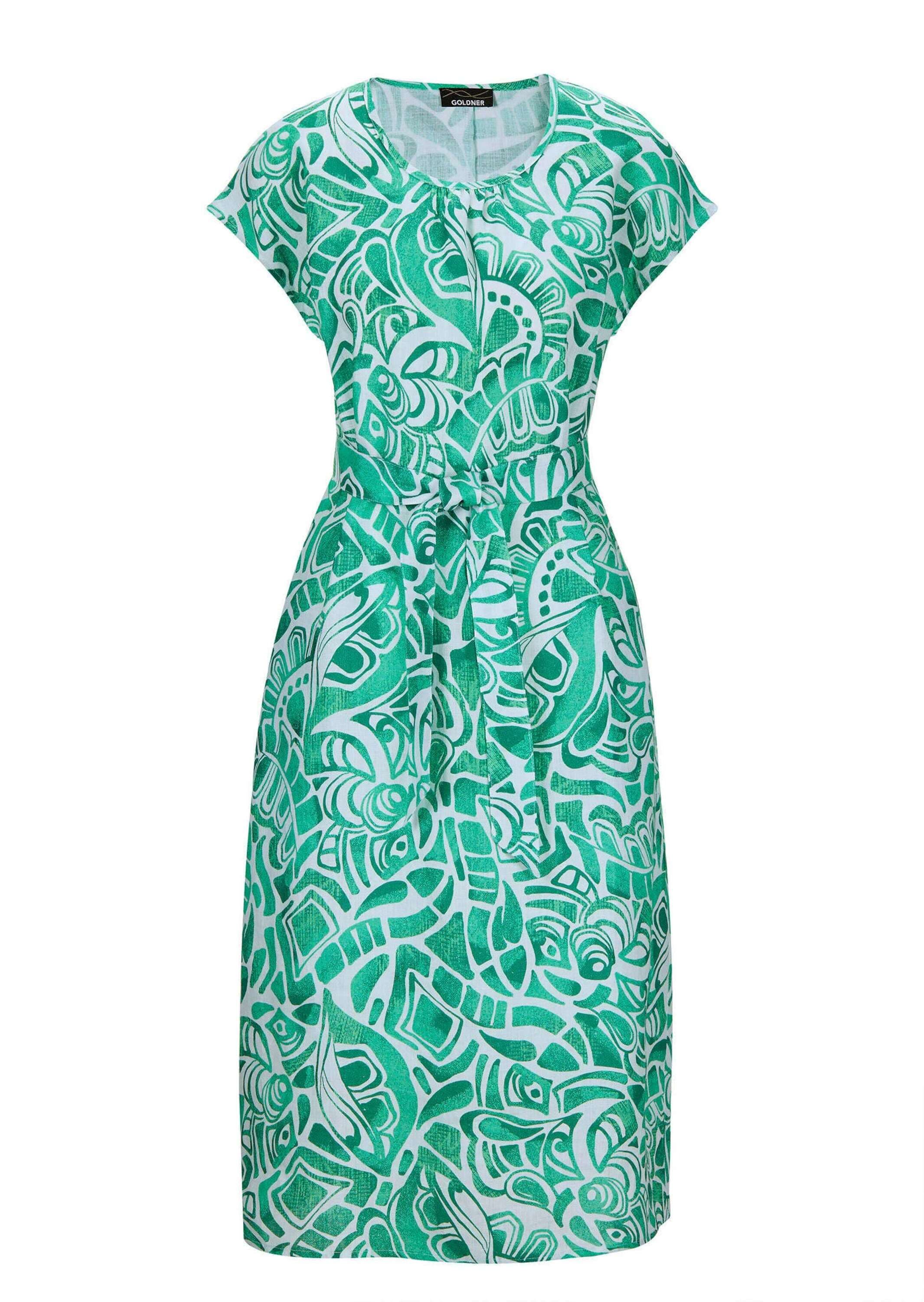 Sommerkleid GOLDNER "Kurzgröße Leinenkleid Ethno, Halbarm", Damen, Gr. 21, K-Gr, grün (grün, gemustert), Obermaterial: 100% Leinen LI., Kleider Sommerkleid