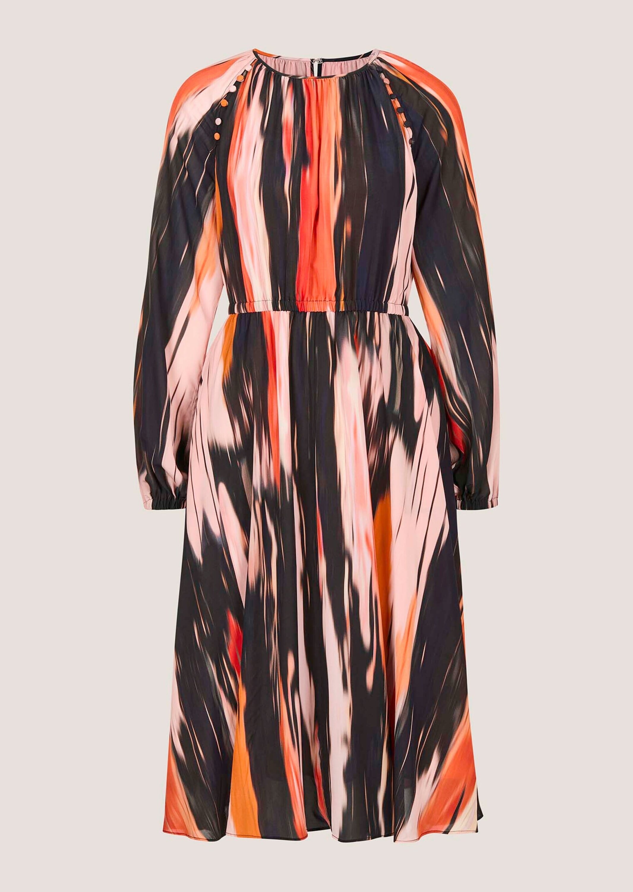 Midikleid MADELEINE "Midikleid Viskosekleid mit Streifenmuster", Damen, Gr. 44, N-Gr, rot (rot, multicolor), Obermaterial: 100% Viskose CV., Modern, tailliert, Kleider Midikleid, Abstrakte Streifenoptik