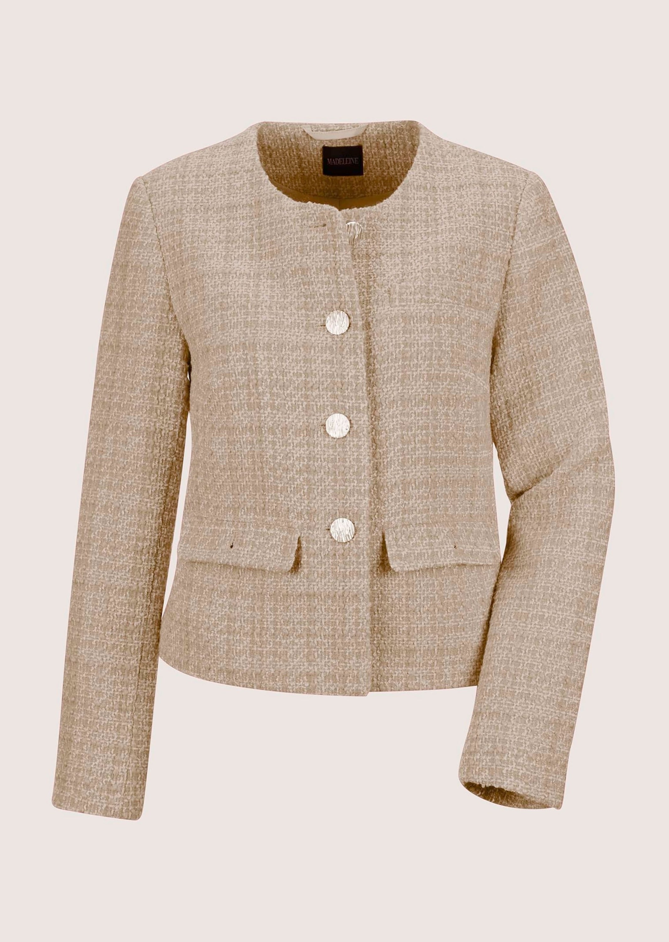 Jerseyblazer MADELEINE "Blazer Eleganter Tweed-Kurzblazer mit Metallknöpfen", Damen, Gr. 46, beige, Obermaterial: 80% Polyester PES. 20% Wolle WO., Blazer