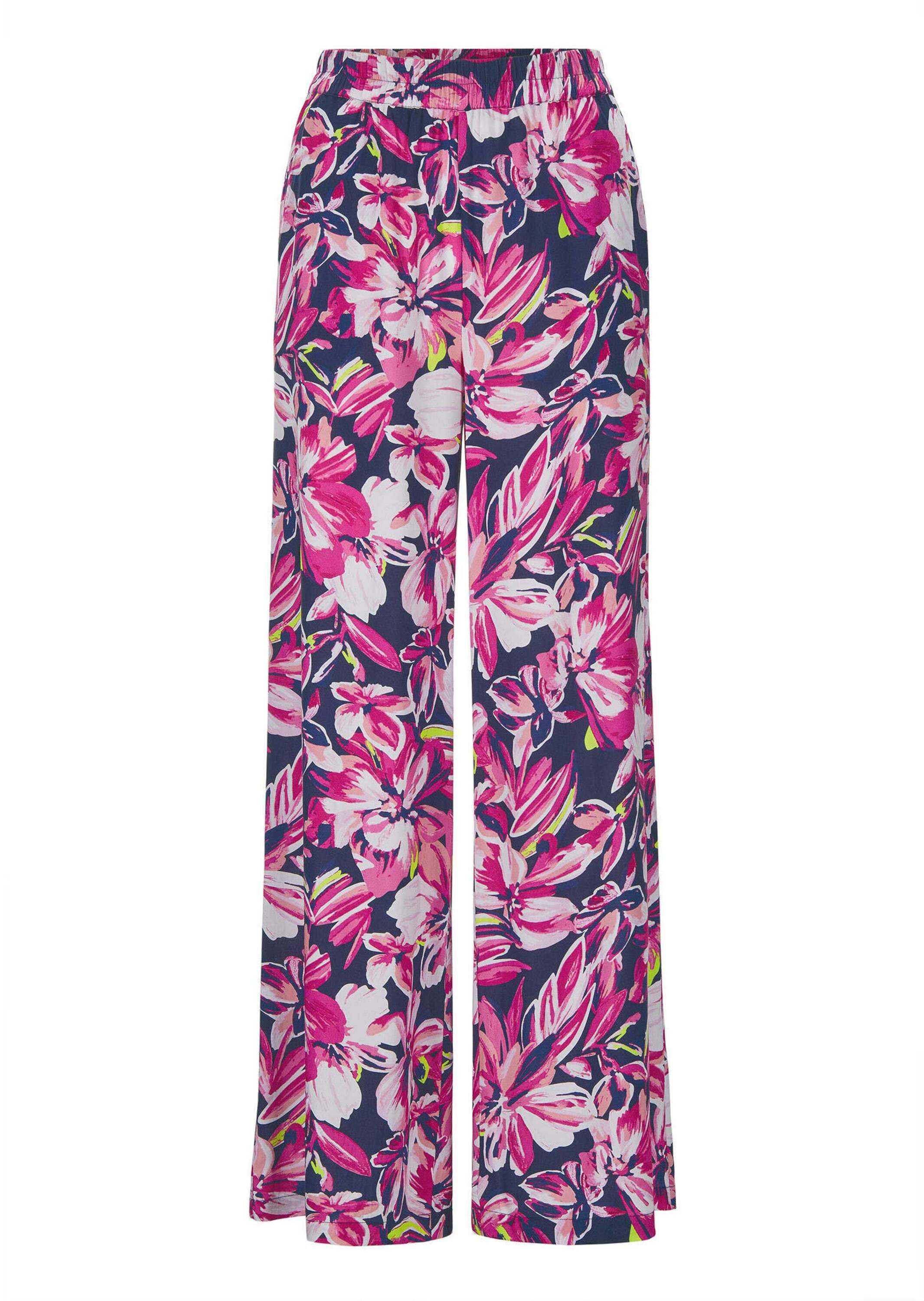 Schlupfhose GOLDNER "Kurzgröße Elegante Hose VERA mit Blütendruck", Damen, Gr. 23, K-Gr, pink (pink, marine, gemustert), Obermaterial: 100% Viskose CV., Hosen Schlupfhose