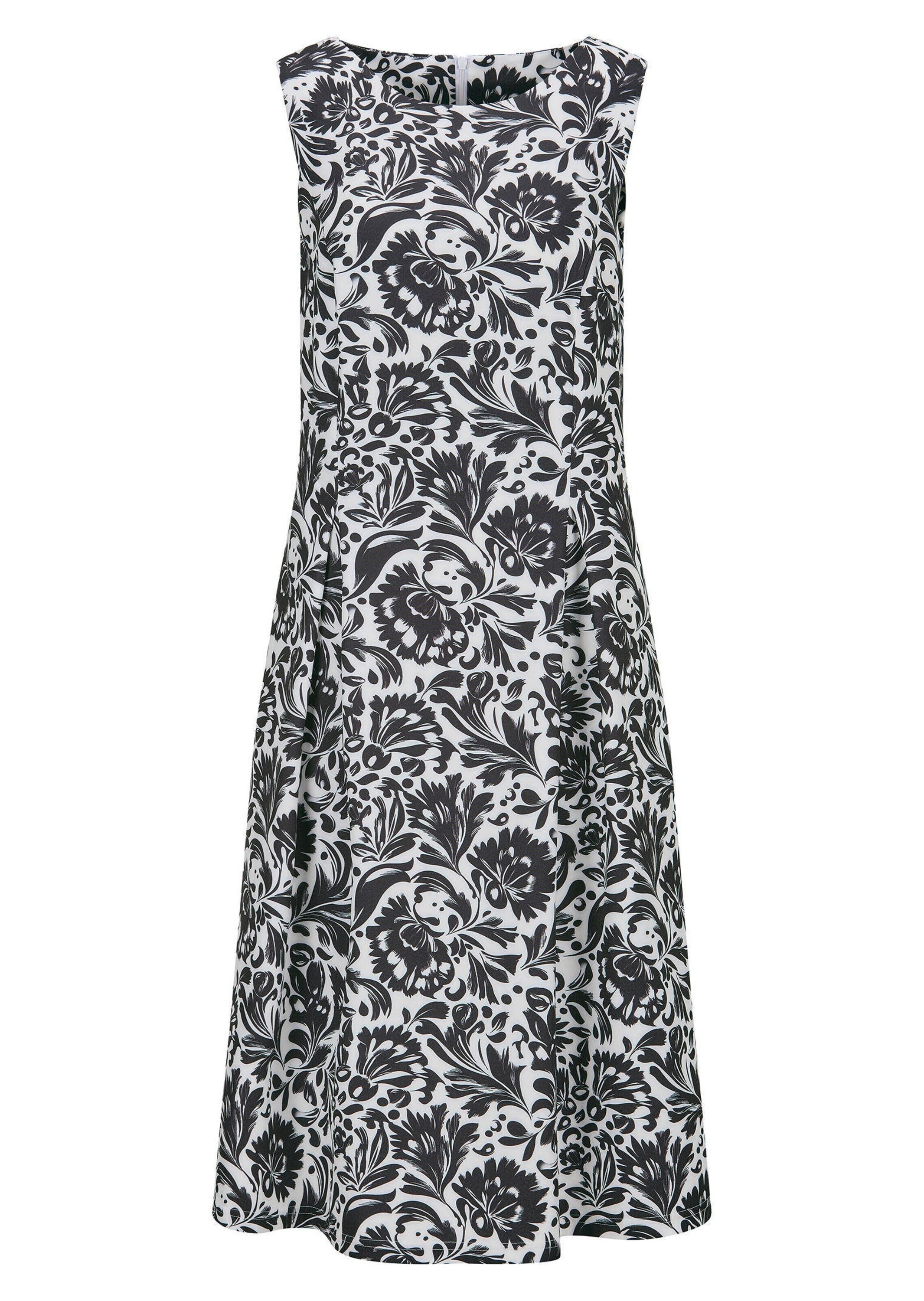 Sommerkleid GOLDNER "Elegantes Jerseykleid mit Faltenrock", Damen, Gr. 38, N-Gr, schwarz (schwarz, weiß, gemustert), Obermaterial: 87% Polyester PES. 13% Elasthan EL., figurumspielend, Kleider Sommerkleid, Nahttaschen an der Seite