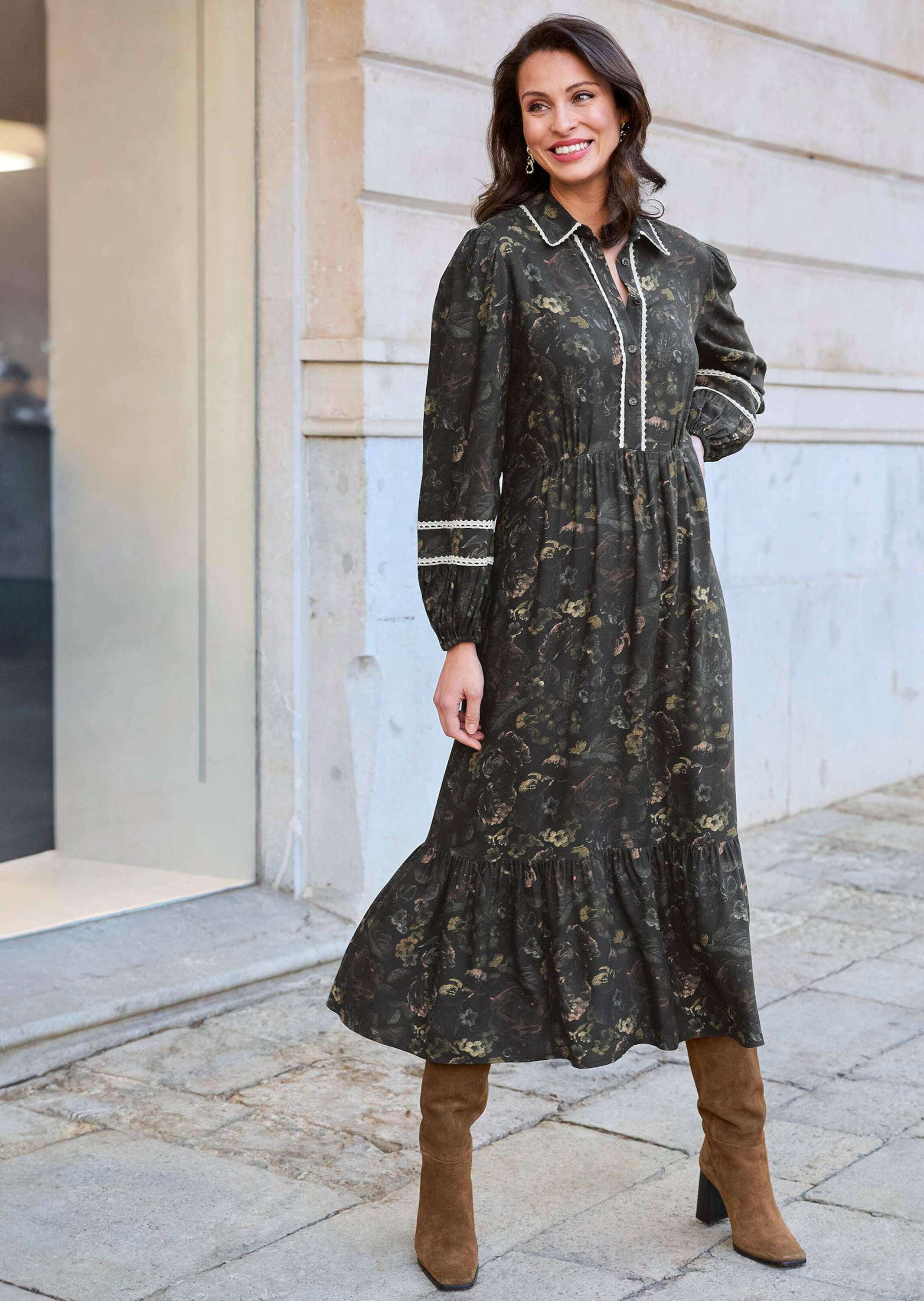 Midikleid ALBA MODA "Kleid Kleid", Damen, Gr. 38, N + K Gr, schwarz (schwarz, multicolor), Obermaterial: 100% Viskose CV., Kleider Midikleid