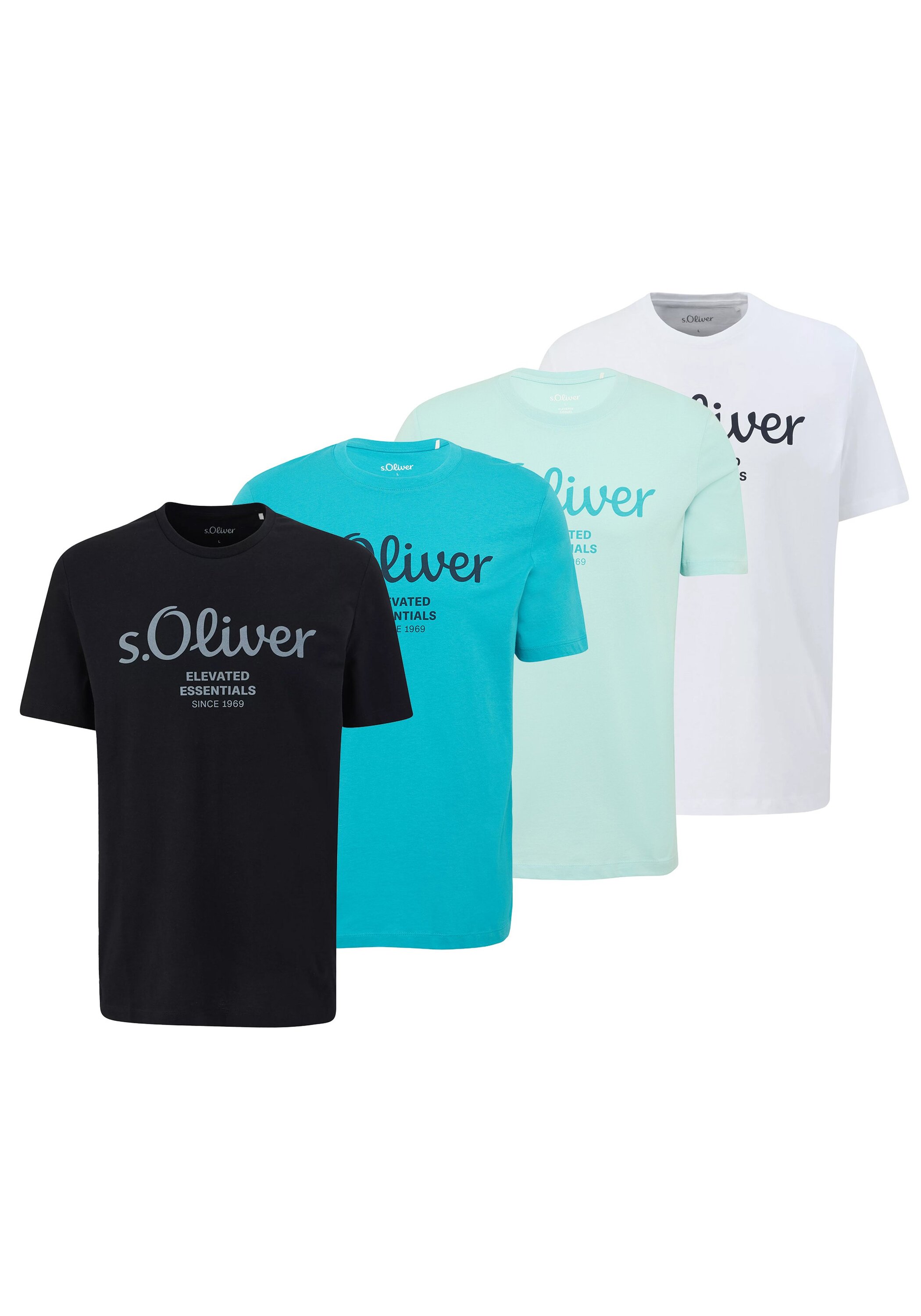 T-Shirt S.OLIVER "T-Shirt Logo T-Shirt 4er Pack", Herren, Gr. M, blau (weiß, türkis, türkis, schwarz), Obermaterial: 100% Baumwolle CO., Shirts T-Shirt