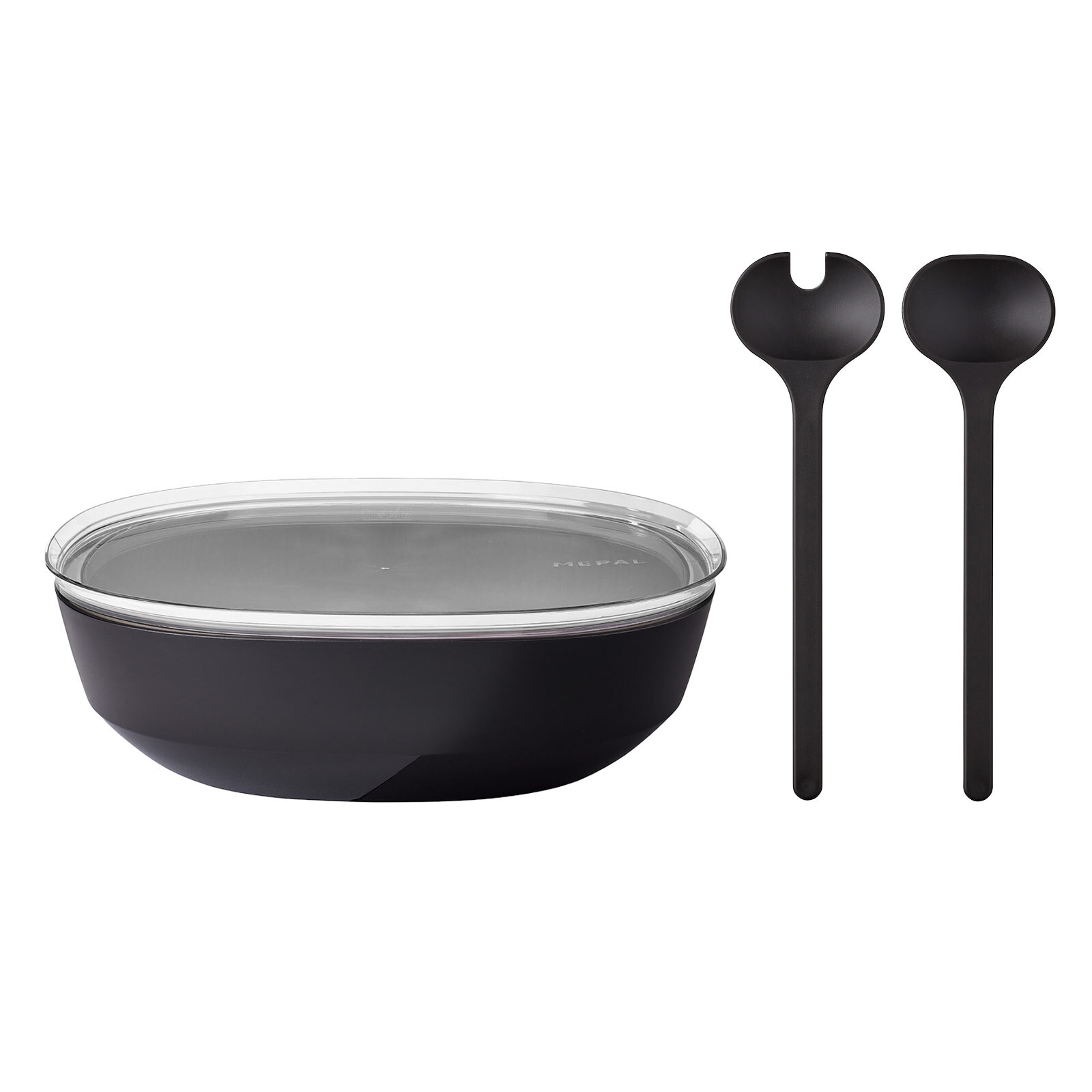 Schale MEPAL "Servierschale mit Deckel & Salatbesteck Silueta 4000 ml", schwarz (nordic schwarz), L:30,1cm, Schüsseln, Salatschüssel Servierschale