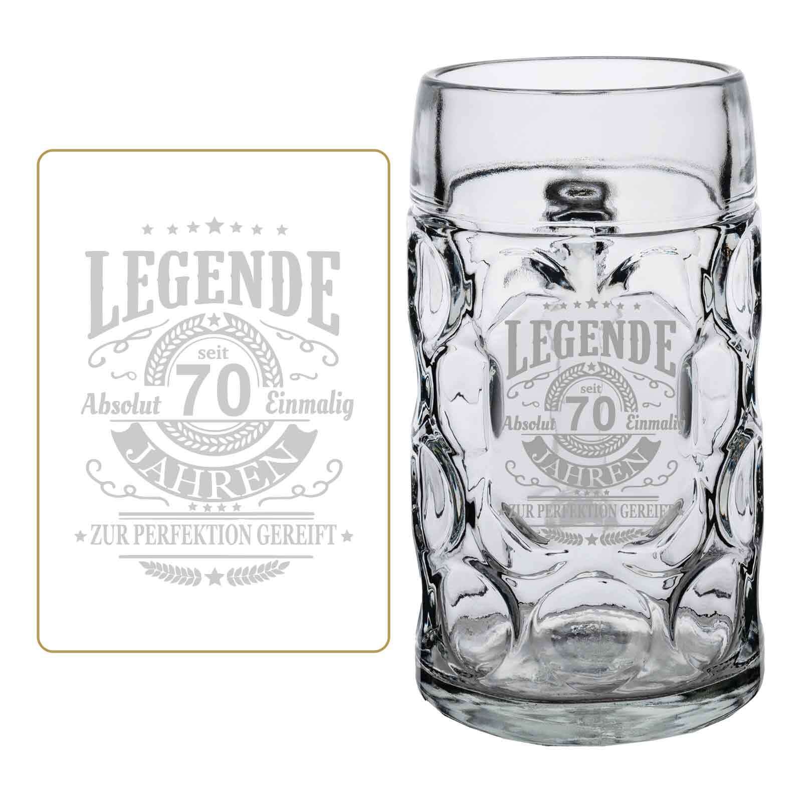 Bierkrug LUXENTU "Maßkrug mit Gravur Legende seit 70 Jahren 1,0 Liter transparent", bunt (transparent), 1 tlg., Glas, Trinkgefäße Image