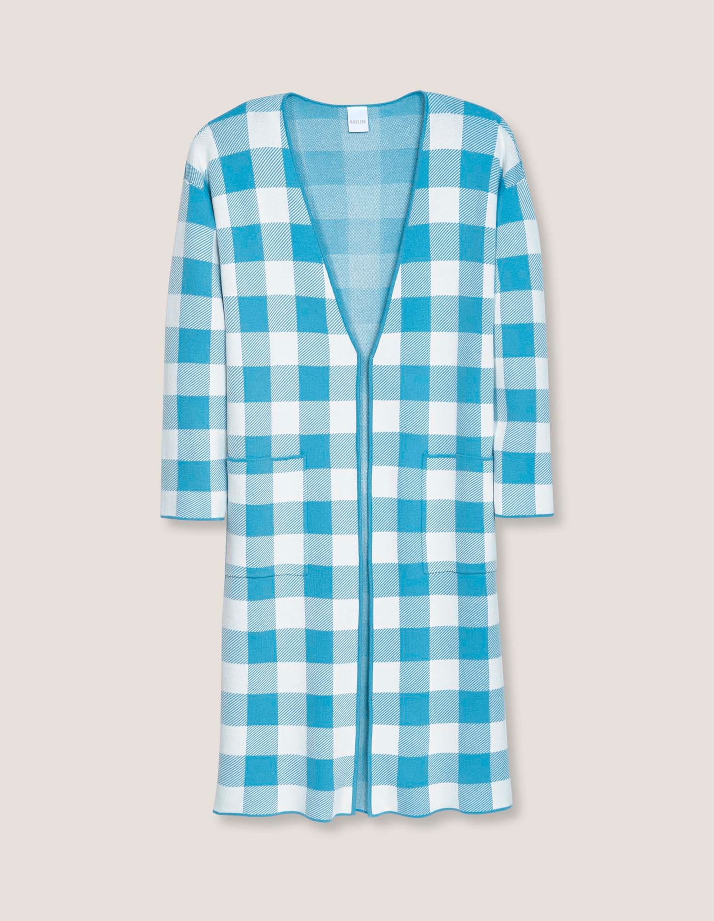 Langmantel MADELEINE "Mantel Verschlussloser Strickmantel in Karo-Jacquard", Damen, Gr. 34, weiß (weiß, türkis), Obermaterial: 64% Baumwolle CO. 27% Viskose CV. 9% Polyamid PA., Mäntel