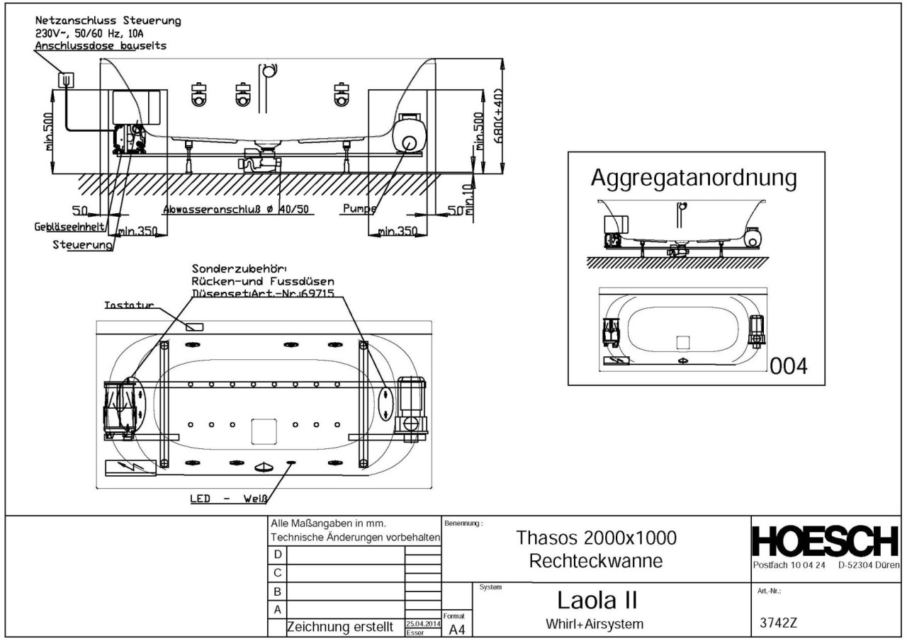 Hoesch Whirlpool Thasos 3742&Laola II Whirl+Air, weiß/verchromt/Motor re./li., 3742Z.010305004 3742Z.010305004 Image