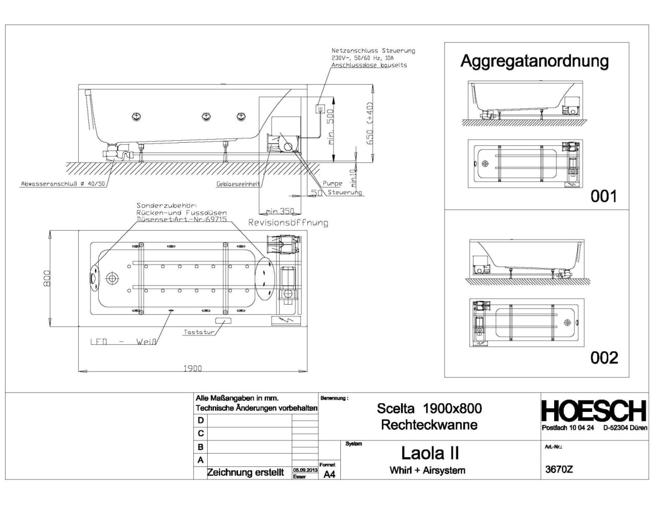 Hoesch Whirlwanne Scelta 3670 & Laola II Whirl+Air, 3670Z.010305001 Image