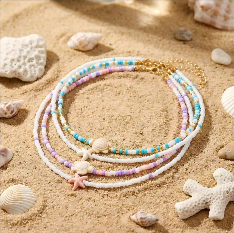 Collana da Spiaggia Donna Boho con Ciondoli Stella Marina Tartaruga Marina Conchiglia, Collana a Strati con Perline, Gioielli Regolabili a Tema Oceano