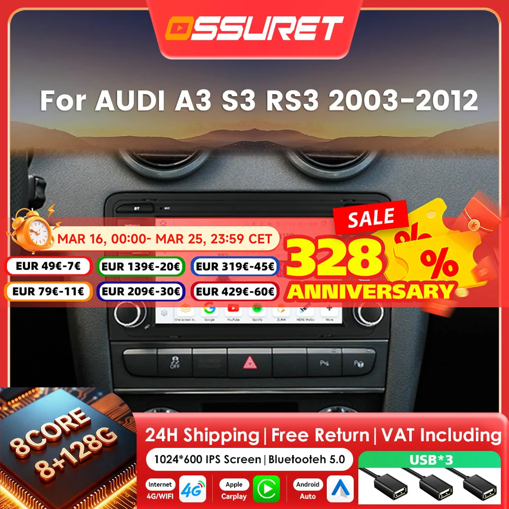 7 "2DIN Android Autoradio Per Audi A3 8P S3 RS3 2003-2012 Lettore multimediale 4G 8Core Autoradio Carplay Android Auto schermo GPS BT