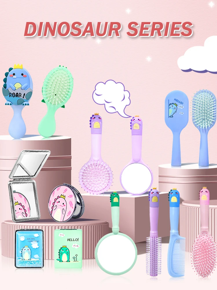 Set di spazzole per capelli con dinosauro simpatico cartone animato Set di mini spazzole districanti da viaggio Pettine protettivo Specchio pieghevole per bambini Neonate Ragazzi