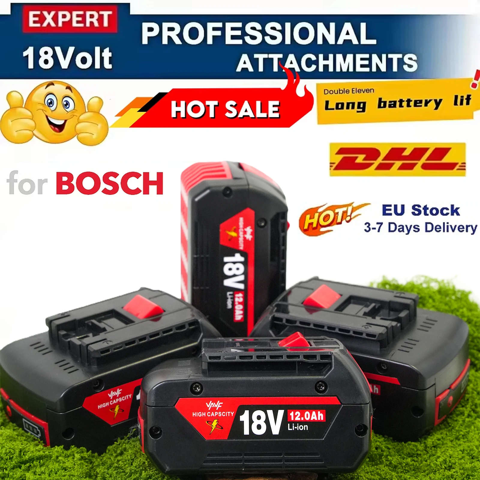 BAT610G+AL1820CV für Bosch Professional 18V 12.0AH Li-Ionen-Akku  Ersatz mit LED ️ & für Bosch Schnellladegerät 18V Image