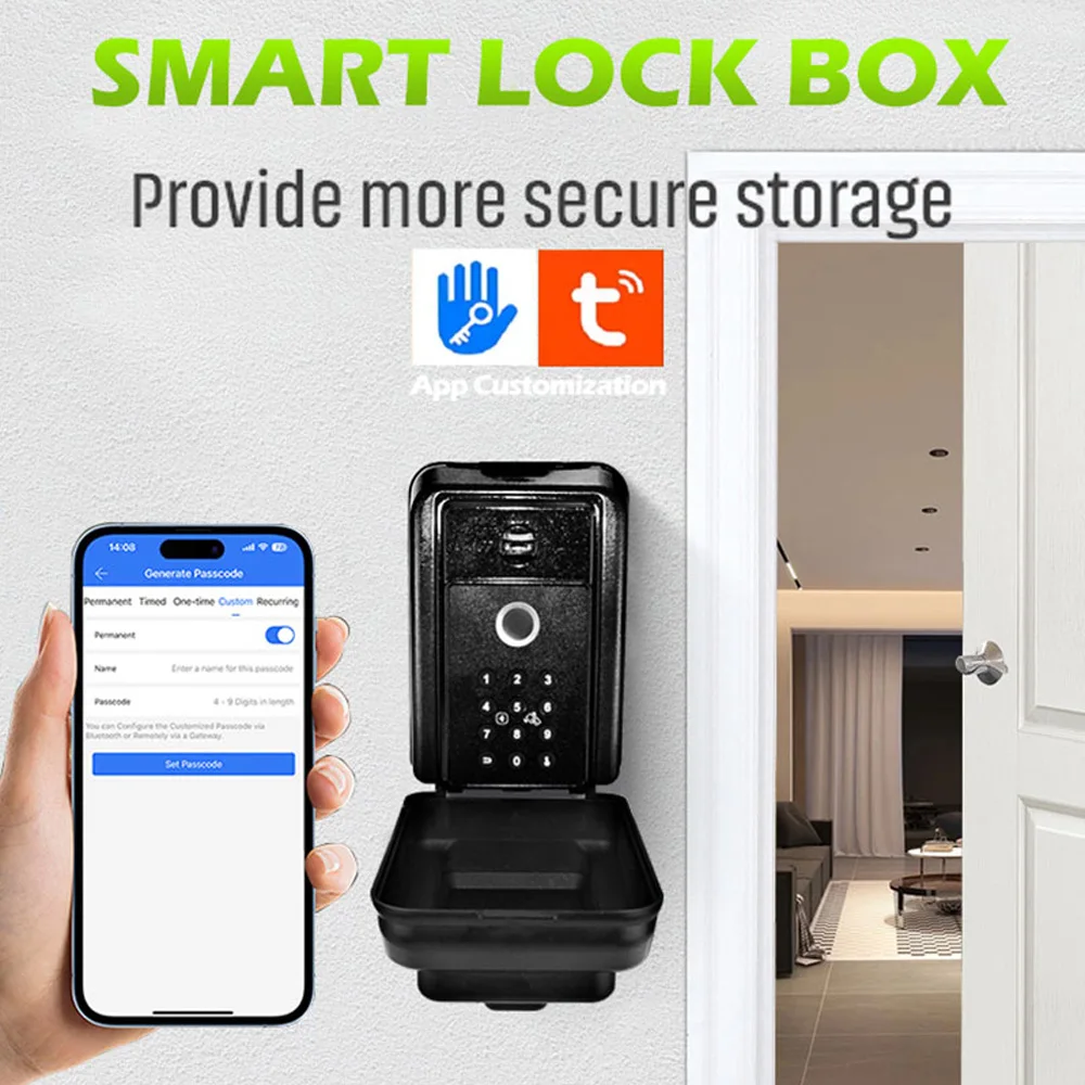 Tuya/TTlock Intelligenter Schlüsselsafe mit Fingerabdruck, Wandmontierter Aluminium-Schlüsselkasten, Wasserdicht mit Code, Schlüsselaufbewahrungsbox