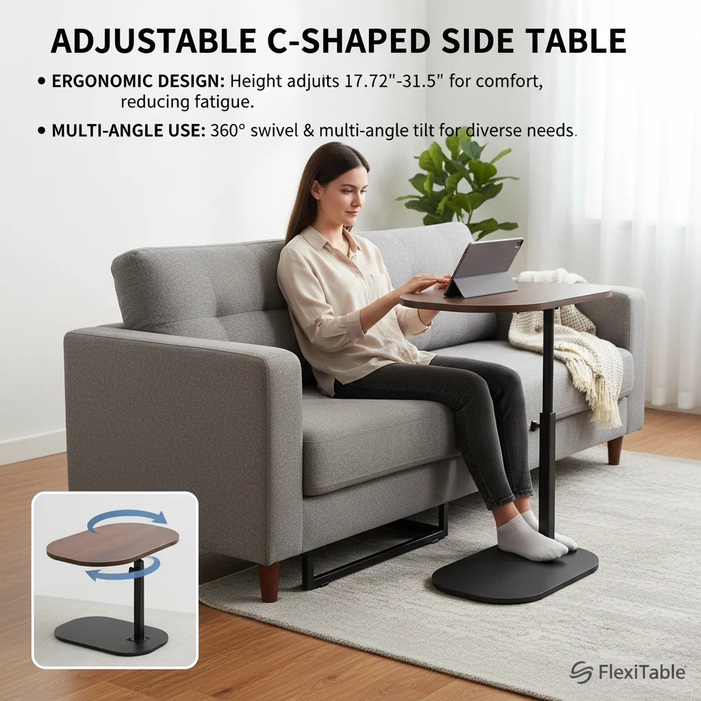 360 ° Drehbarer C-förmiger Beistelltisch, höhenverstellbar, Couch-Tablett, Tisch, Wohnzimmer, faltbarer Beistelltisch, Kaffeeständer, Esstablett, Eisen Image