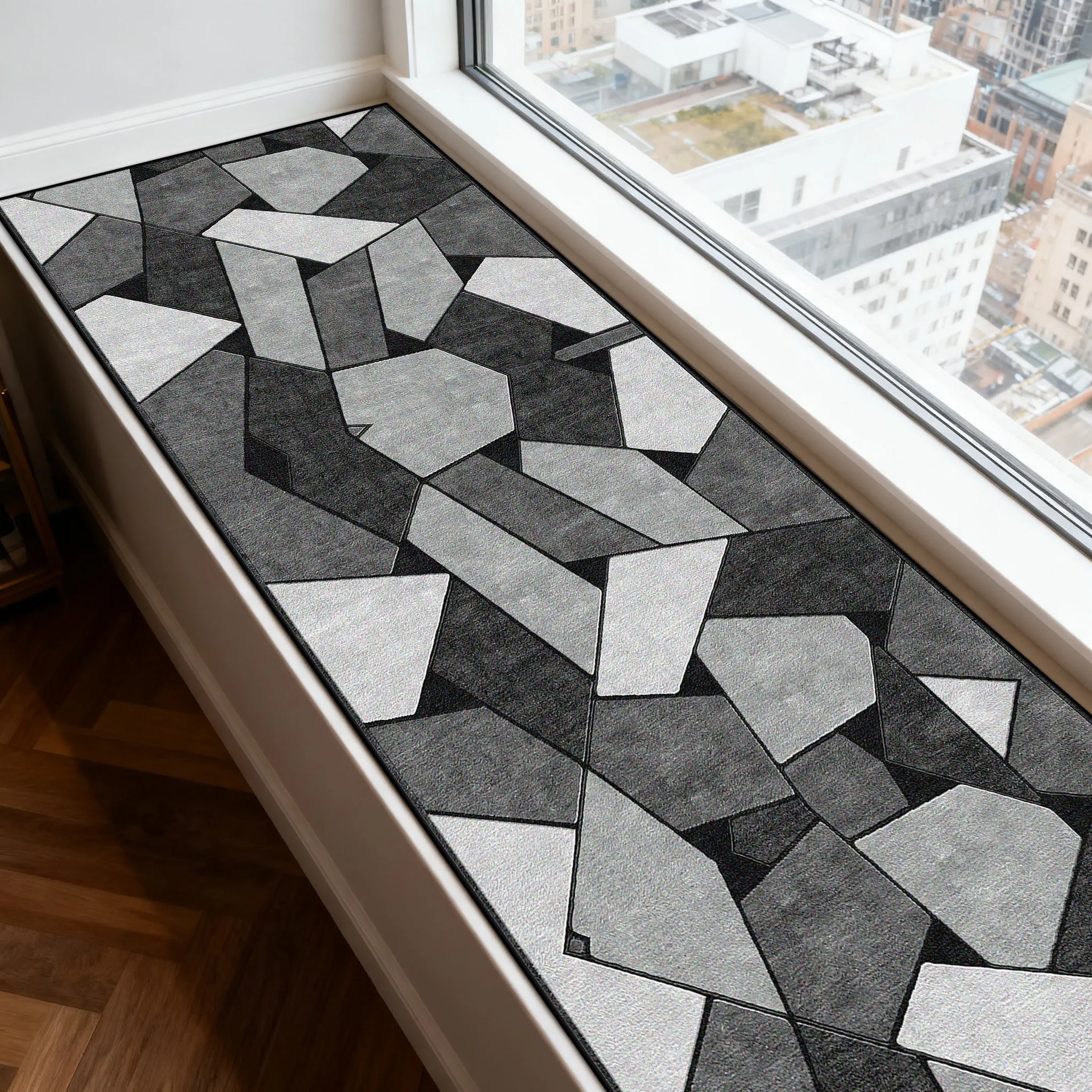 Moderner grauer, minimalistischer, leicht zu reinigender Erkerfensterteppich, Heimdekoration, luxuriöser langer Korridorteppich, rutschfeste, fusselfreie lange Läufermatte Image