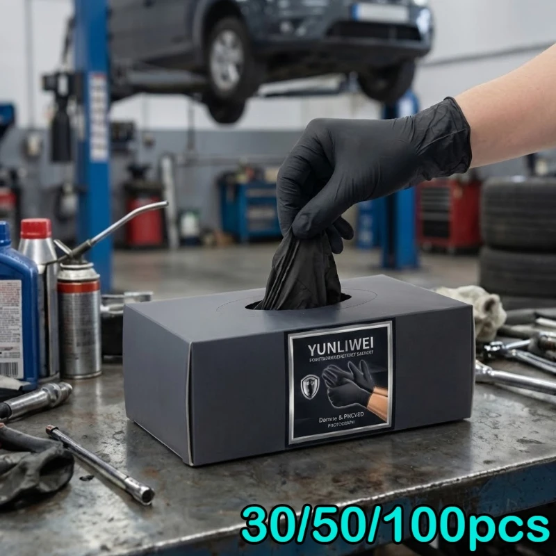 30/50 Stück schwarze Einweghandschuhe aus Nitril-PVC-Mischung, puderfrei, latexfrei, wasserdicht, lebensmittelecht, für Küche, Mechaniker, Tattoo, Reinigung Image