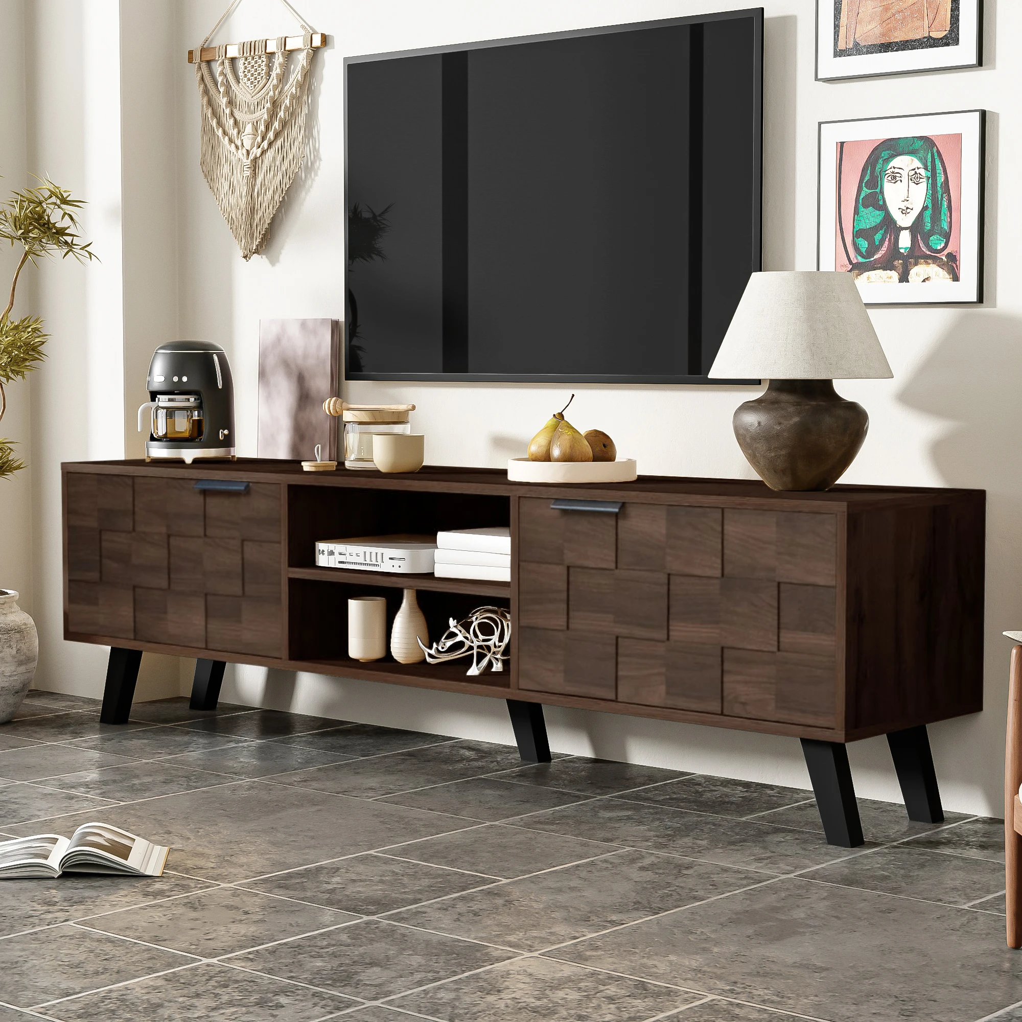 Moderner TV-Schrank mit 2 Türen und 2 offenen Fächern in dunkler Holzmaserung – 160,5 x 35,5 x 45 cm