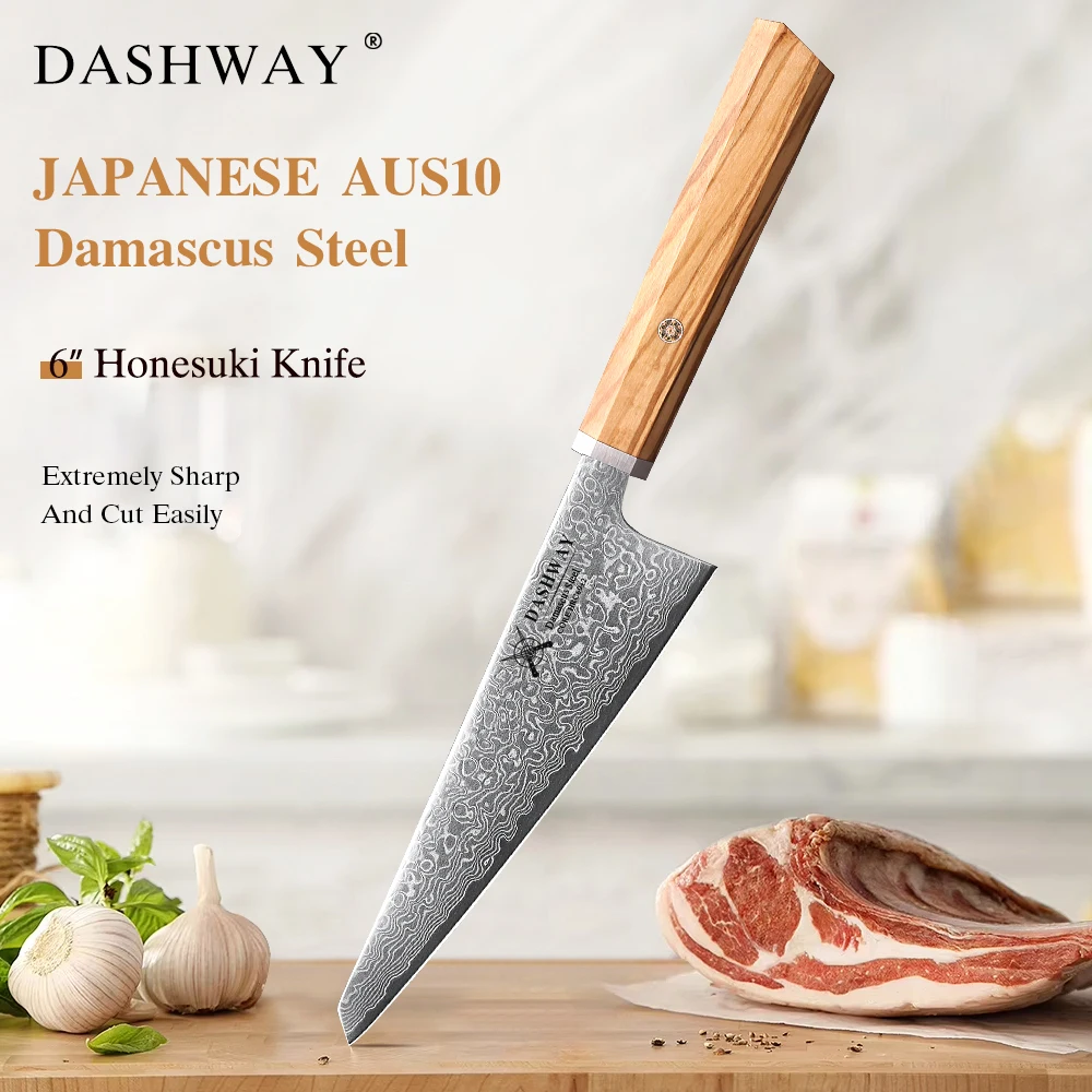 DASHWAY 6 Zoll Japanisches Honesuki Allzweckmesser aus Damaszener Stahl, handgefertigtes Profi-Küchenmesser für Fleisch und Obst Image