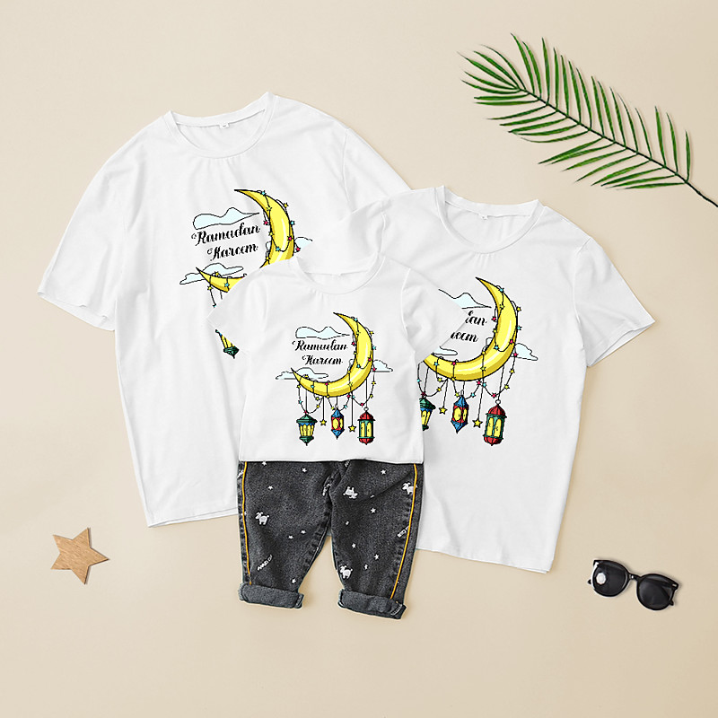 Family Ramadan T shirt Letter Star Moon Casual Crewneck White Short Sleeve Mommy And Me Outfits Daily Matching Outfits