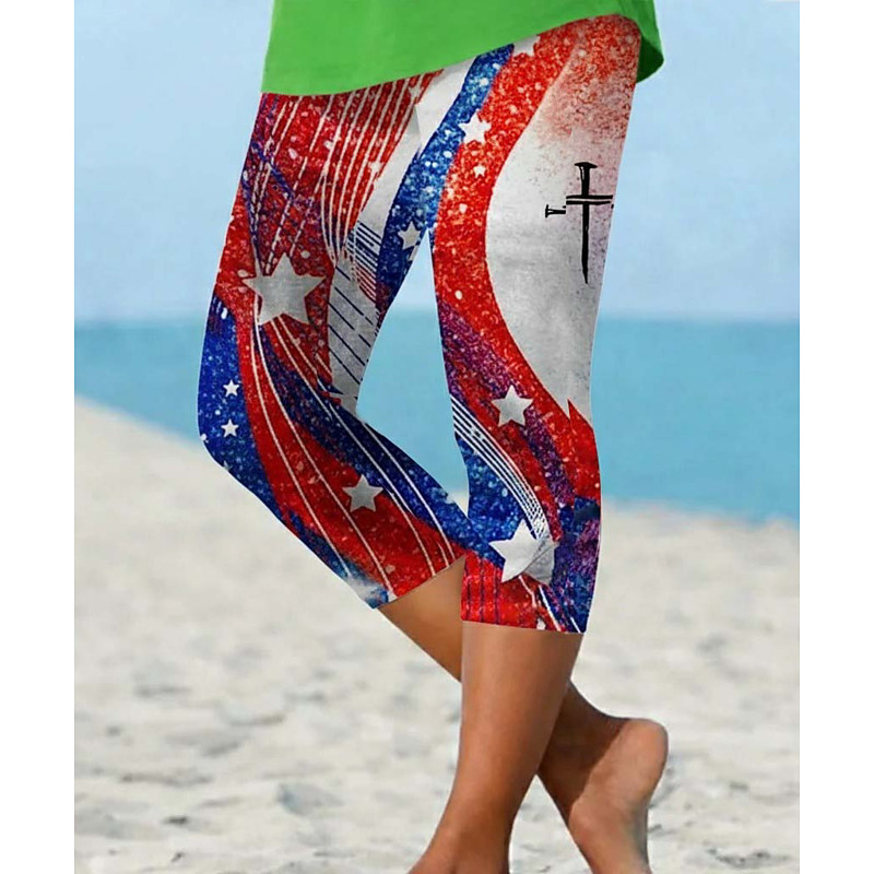 Independence Day Patriotic Shirt Women's Capri Pants Leggings Vacation Hawaiian Stylish Capris Medium WaistPantsGraphic Abstract Comfort Stretchy Vacation Formal Street White Red Slim Fit