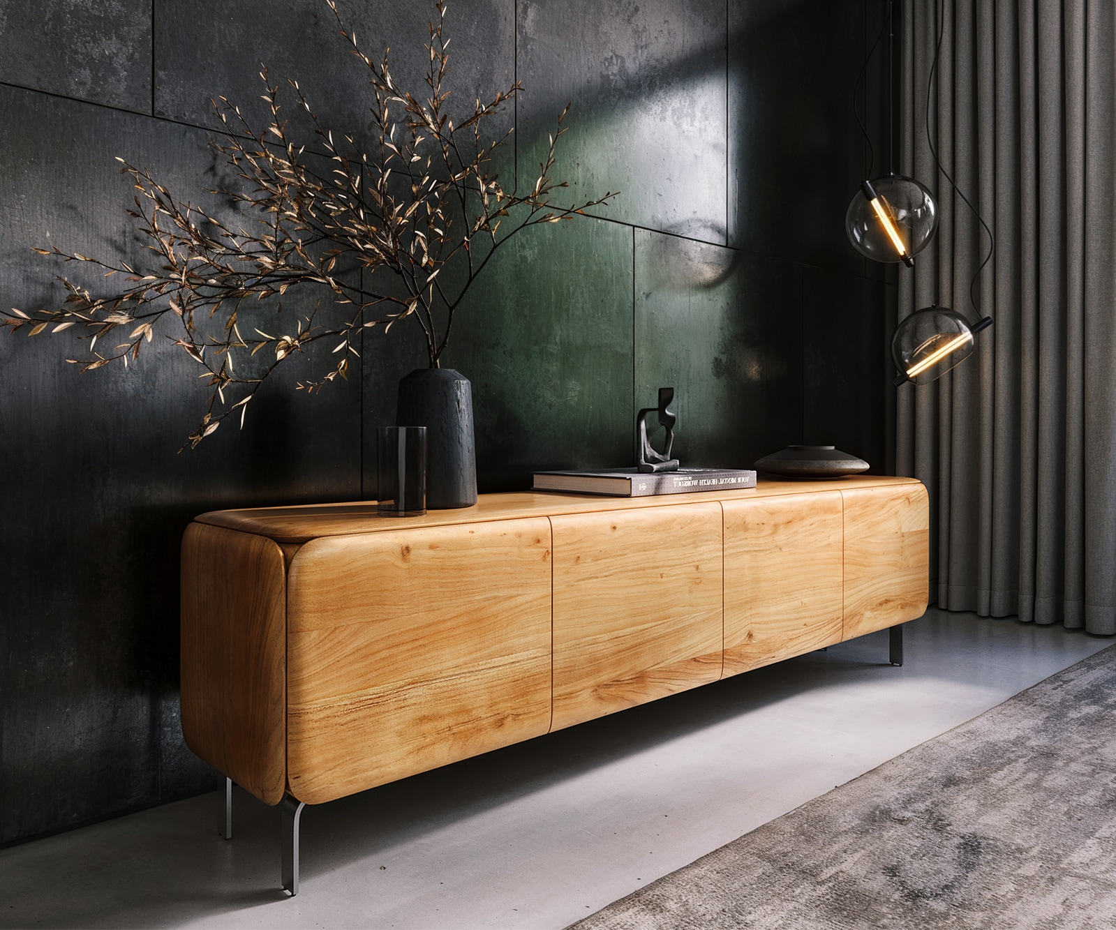 DELIFE Lowboard Shavani 200 cm Akazie Natur 4 Türen L-Fuß Edelstahl Silber, Lowboards Image