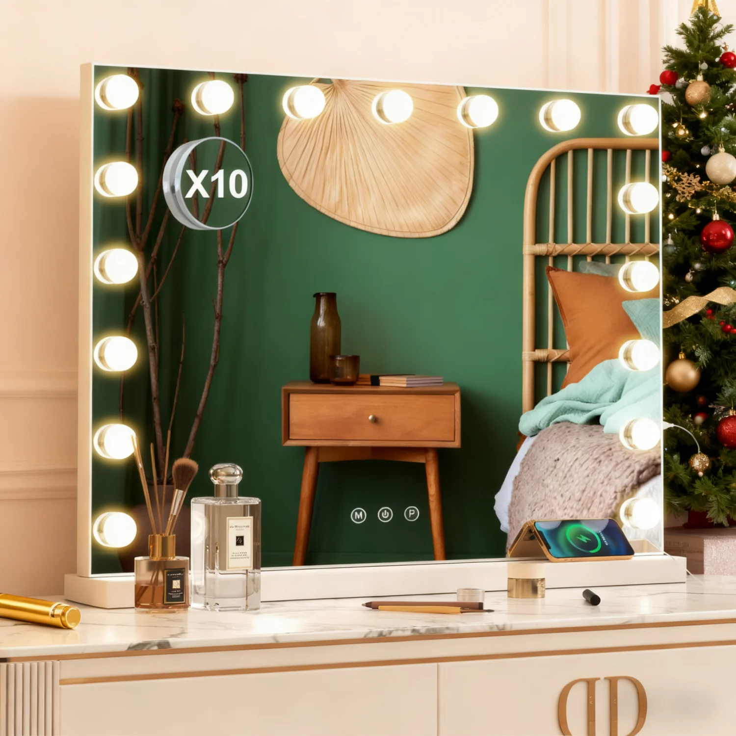 Dimmbarer LED-Schminkspiegel, 10-fache Vergrößerung, beleuchteter Spiegel mit dreifarbiger Touch-Steuerung, USB-betriebener Tisch-Kosmetikspiegel