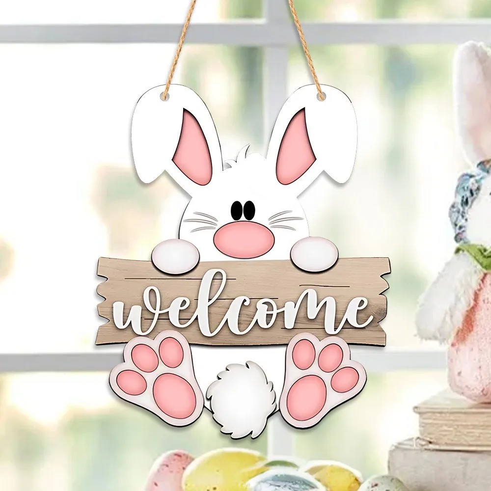 Haustür-Dekor, Hasenschild, saisonales Dekor, 30 x 24,9 cm, bezauberndes Oster-Willkommensschild, Holzdekoration, perfekt für Ostern Image