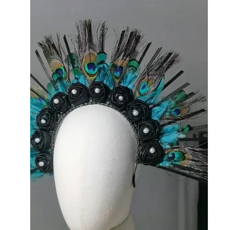 Gold Spike Halo Krone Kopfschmuck Fee Lolita Frauen Sunburst Elf Hochzeit Braut Kunststoff Zip TIE Wrap Haar Pfauenfeder Geschenk Image