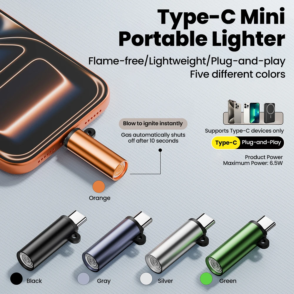 Typ C Mini-USB-Feuerzeug, tragbar, für den Außenbereich, flammenlos, mit automatischer Abschaltung, USB-C-Stecker, mobiler Zigarettenanzünder-Adapter Image